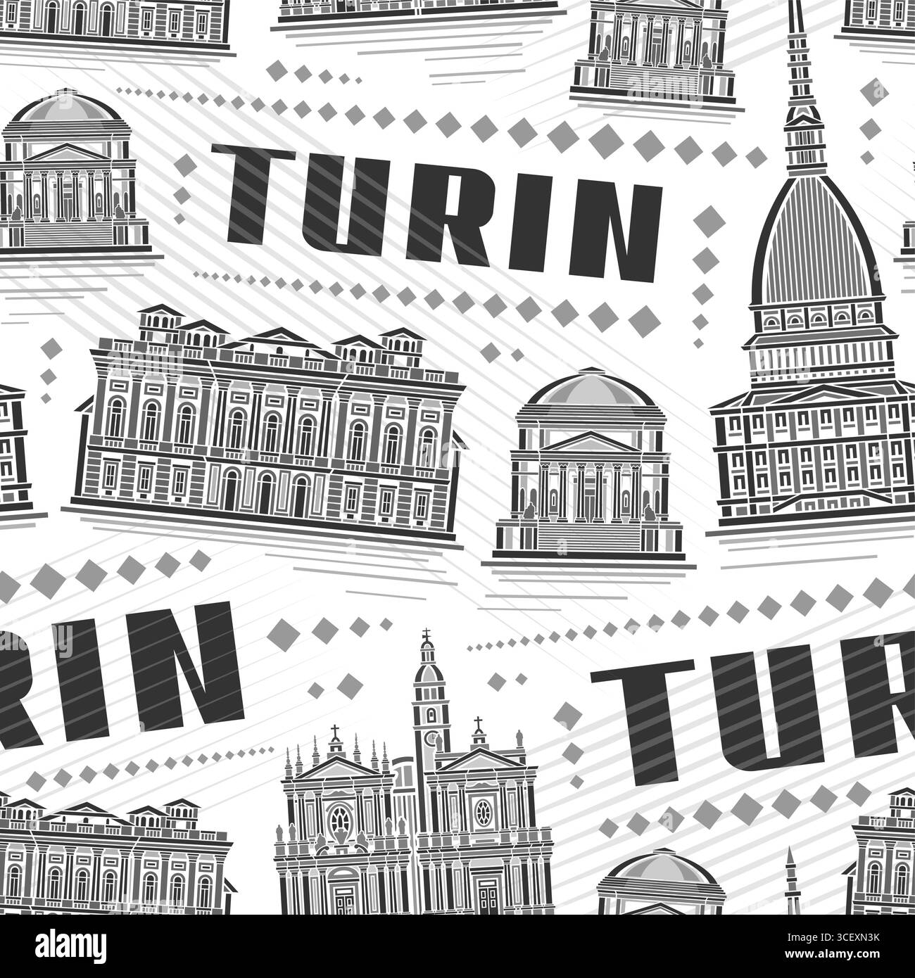 Vector Turin Seamless Pattern, sfondo ripetuto con illustrazione del famoso paesaggio storico della città di torino su sfondo bianco per biancheria da letto, monochr Illustrazione Vettoriale