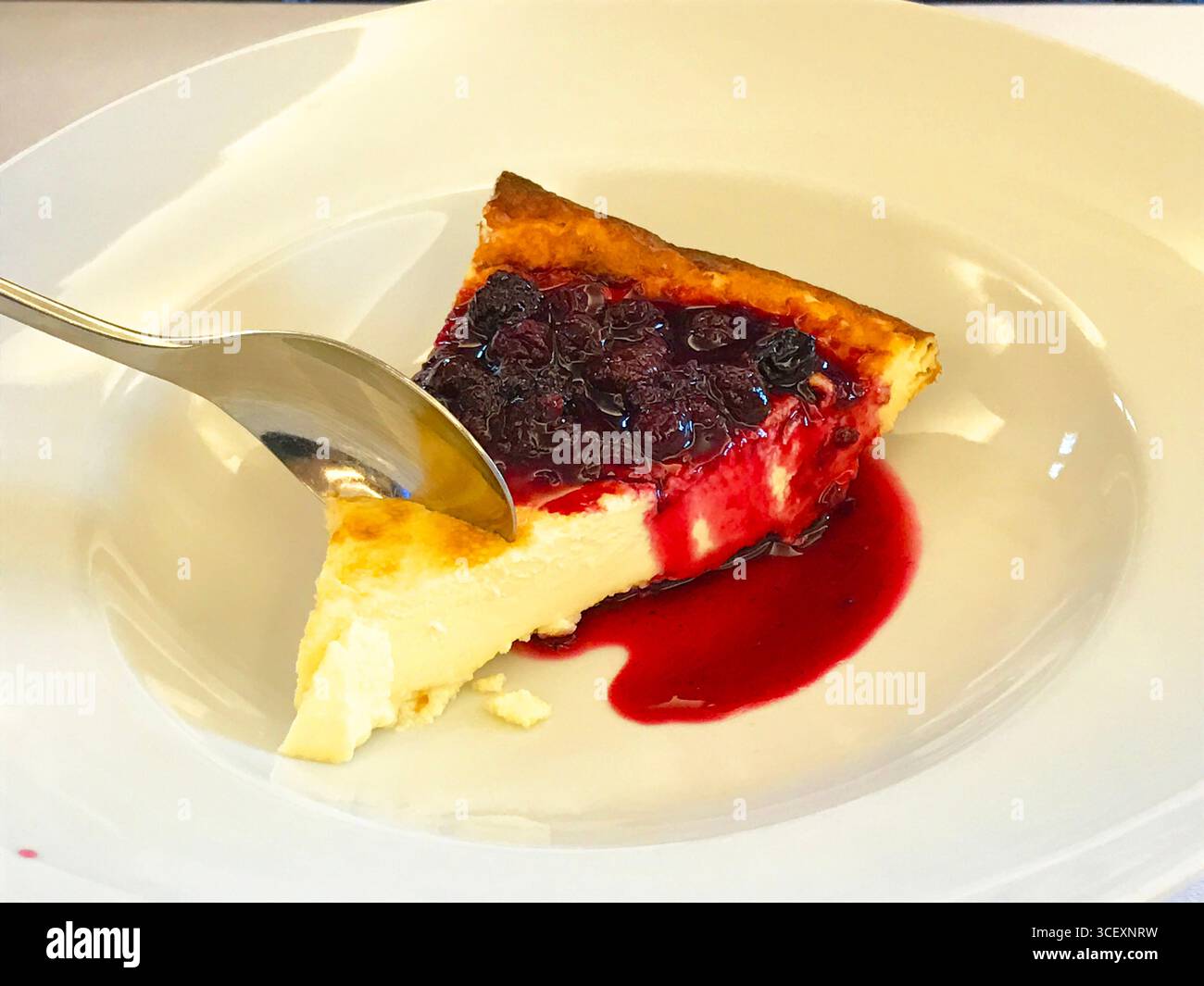 Mangiare torta al formaggio con marmellata di mora. Foto Stock