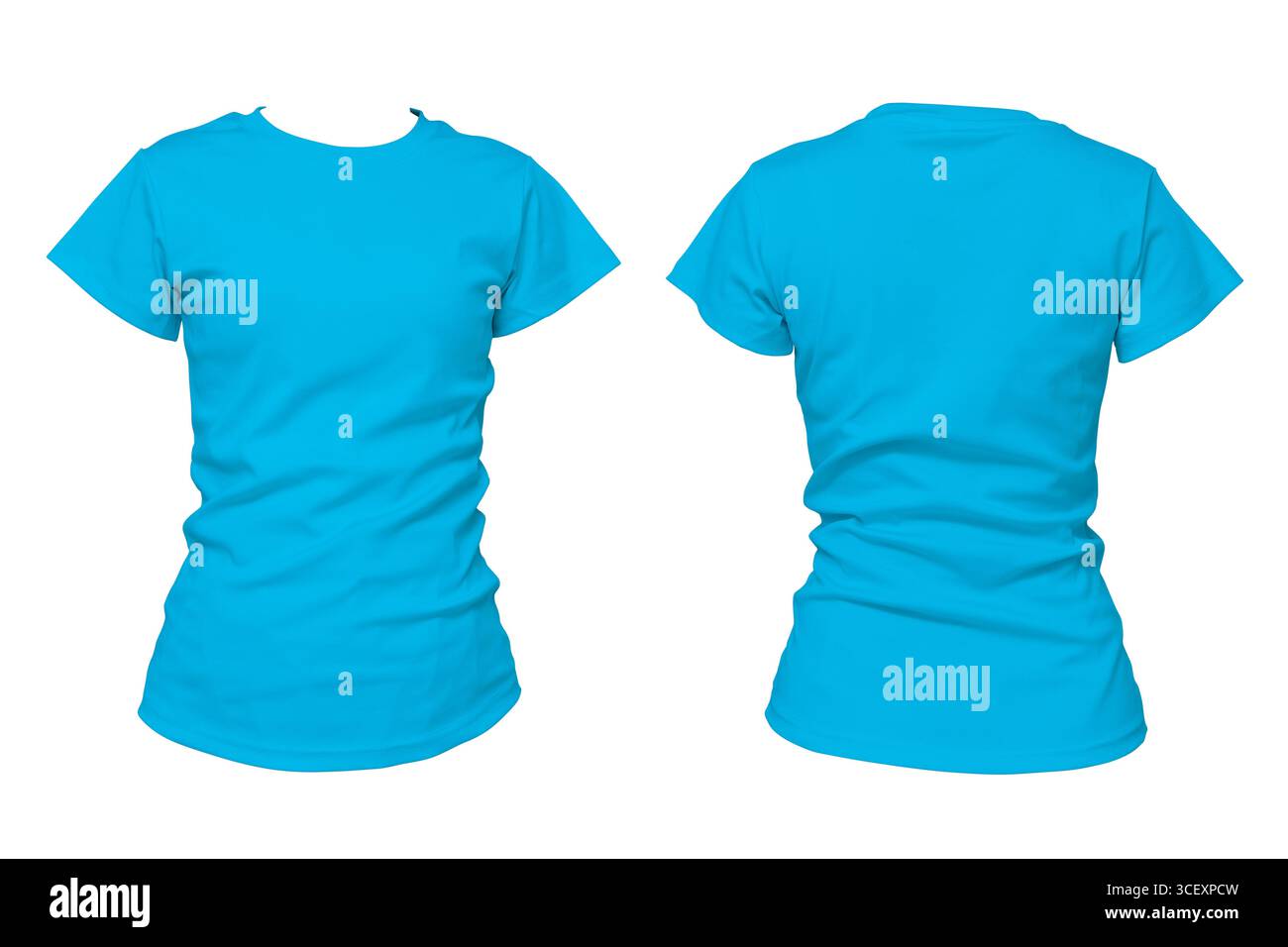 T shirt blu vista anteriore e posteriore isolata su sfondo bianco, perfetta per mockup, design di moda, modello di abbigliamento, presentazione dei prodotti e creatività Foto Stock