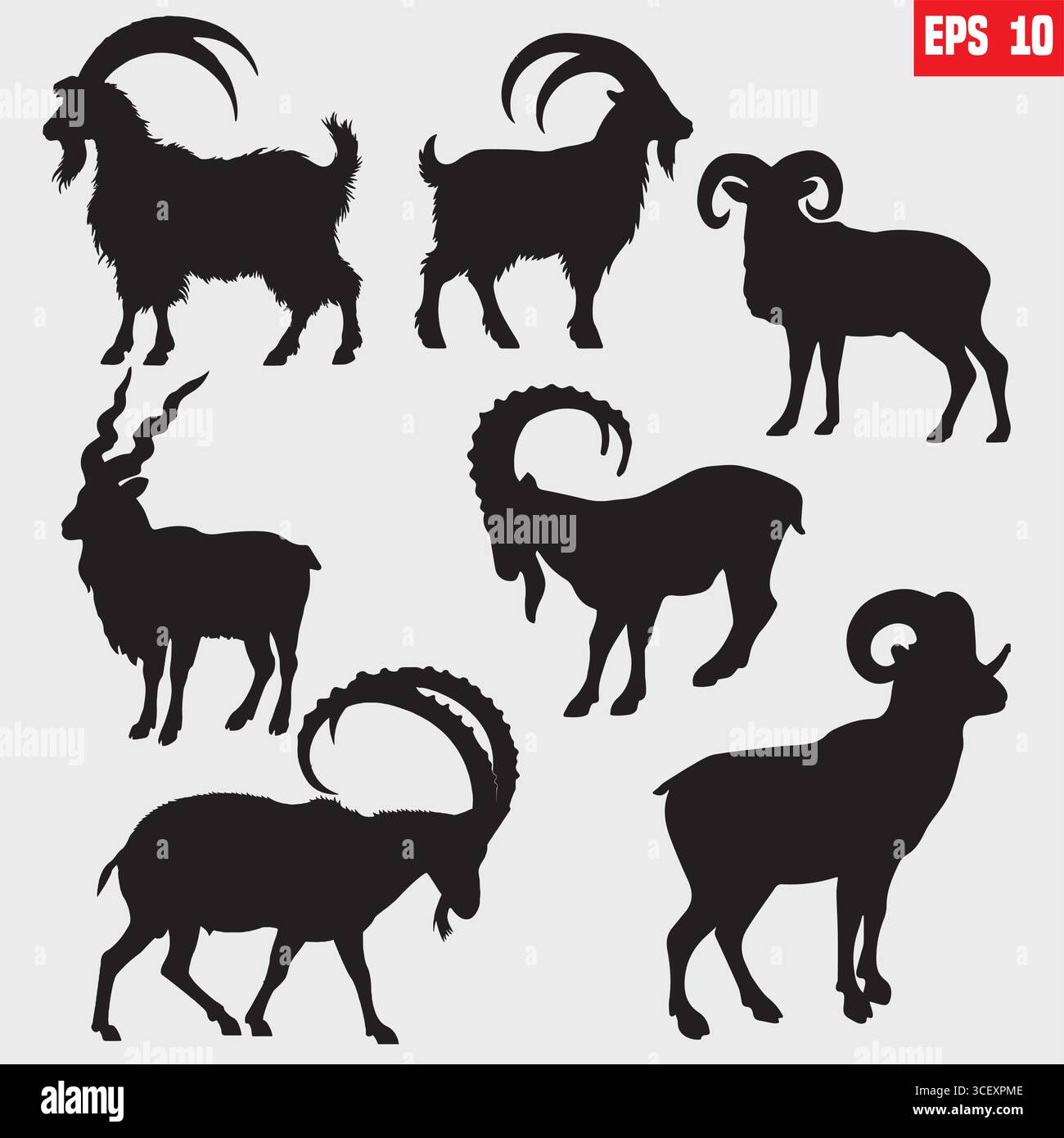 Silhouette nera di capra selvaggia isolata su sfondo bianco. Disegno dell'illustrazione vettoriale dell'icona capra in posizione diversa Illustrazione Vettoriale