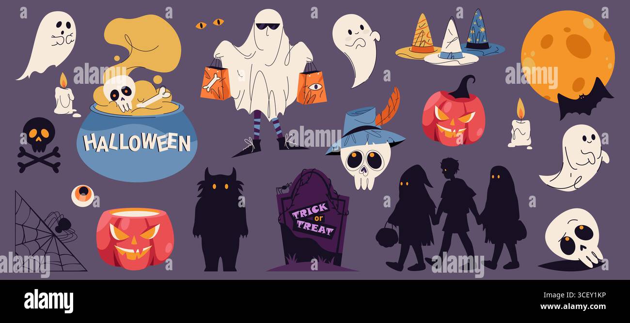 Set di adesivi di Halloween o icona vettoriale delle vacanze autunnali. Simbolo di un cartello o cartone animato per le feste spaventose e spaventose. Zucca e zucca, cappello da fantasma e mago, teschio e calderone, tomba sepolcrale. Festa dell'orrore. Illustrazione Vettoriale
