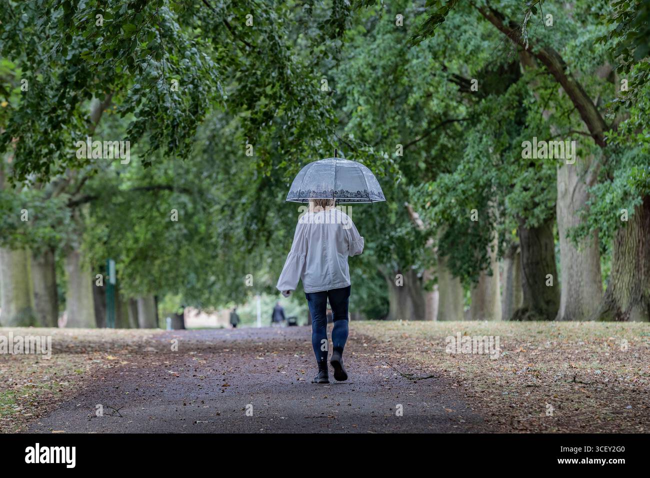 Abington Park, Northampton, Regno Unito. 20 agosto 2025. Le docce a pioggia notturne e le temperature più fredde invitano le persone a riscaldarsi facendo le loro attività mattutine. Credito: Keith J Smith. / Alamy Live News. Foto Stock
