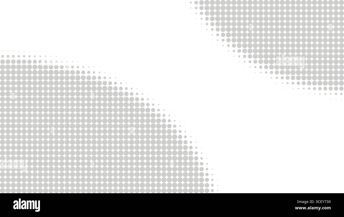 Effetto sovrapposizione stile mezzitoni. Modello astratto con cerchi grigi su sfondo bianco. Schermata iniziale orizzontale universale, grafica vettoriale Illustrazione Vettoriale