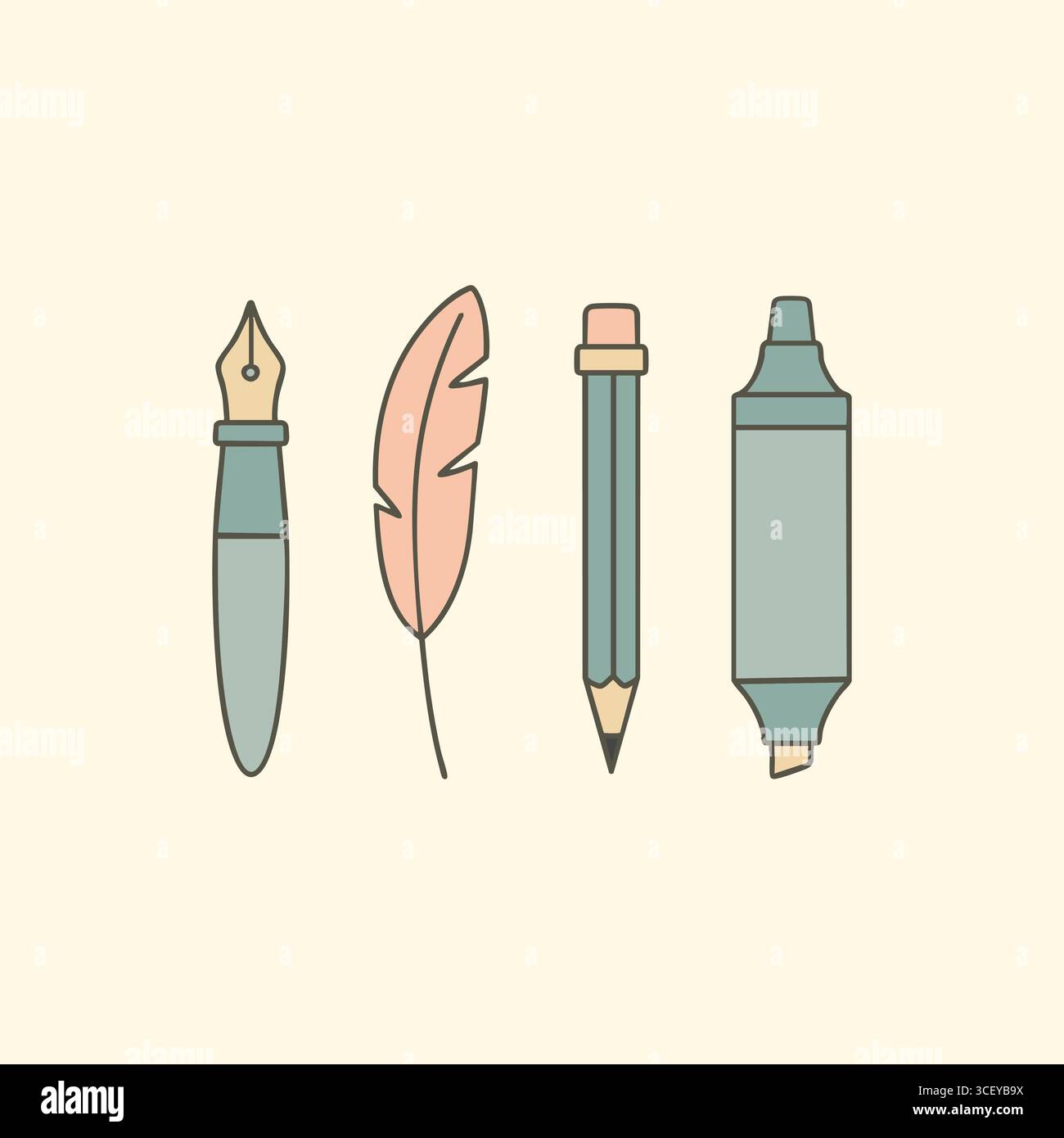 Strumenti artistici dai toni morbidi posizionati orizzontalmente, tra cui un supporto per penna a immersione, una penna a penna, un pennarello a scalpello e una penna a pennello rivestita. Illustrazione Vettoriale