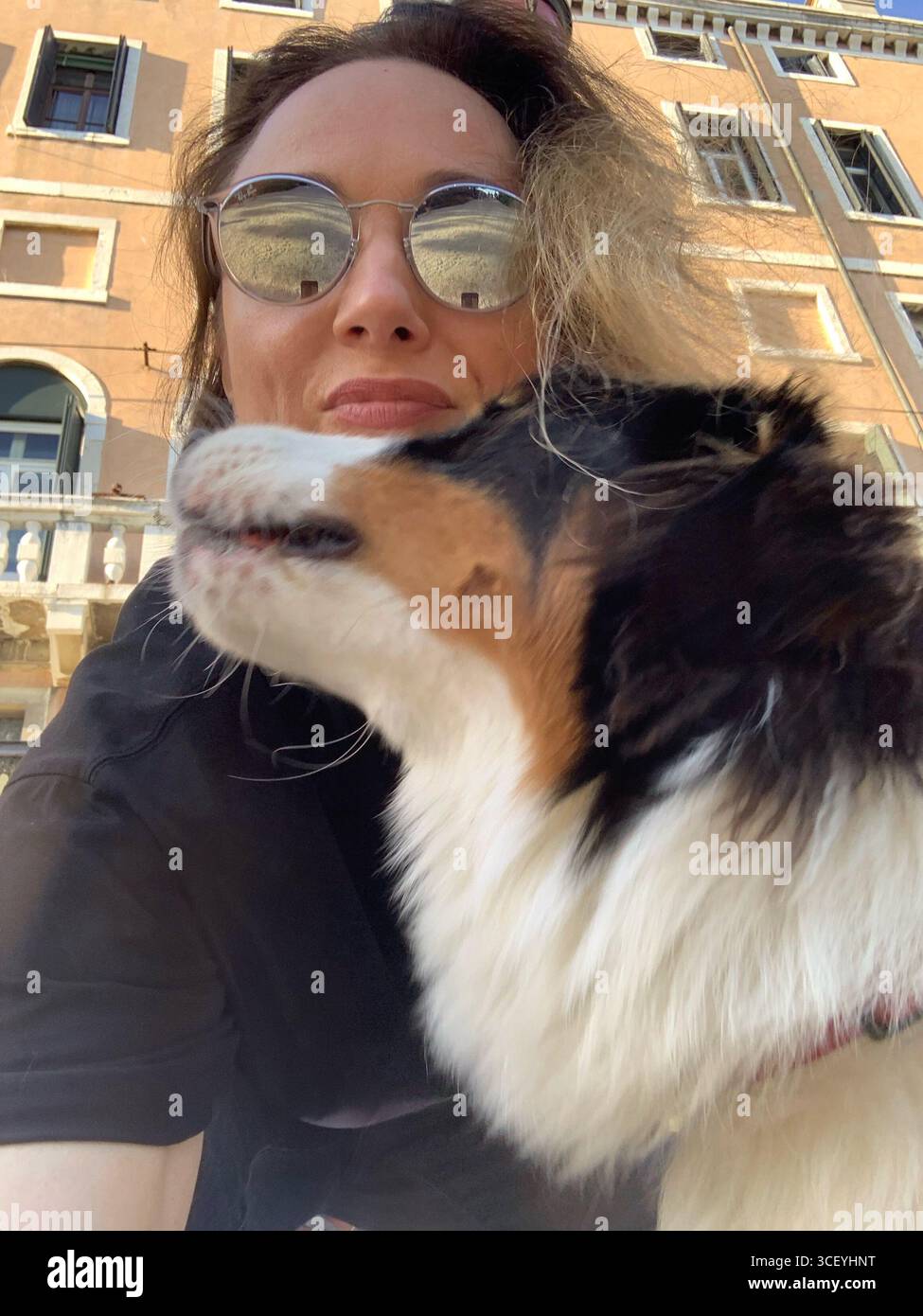 Abbracciando un pastore australiano a Venezia, parco vicino al palazzo. Foto Stock