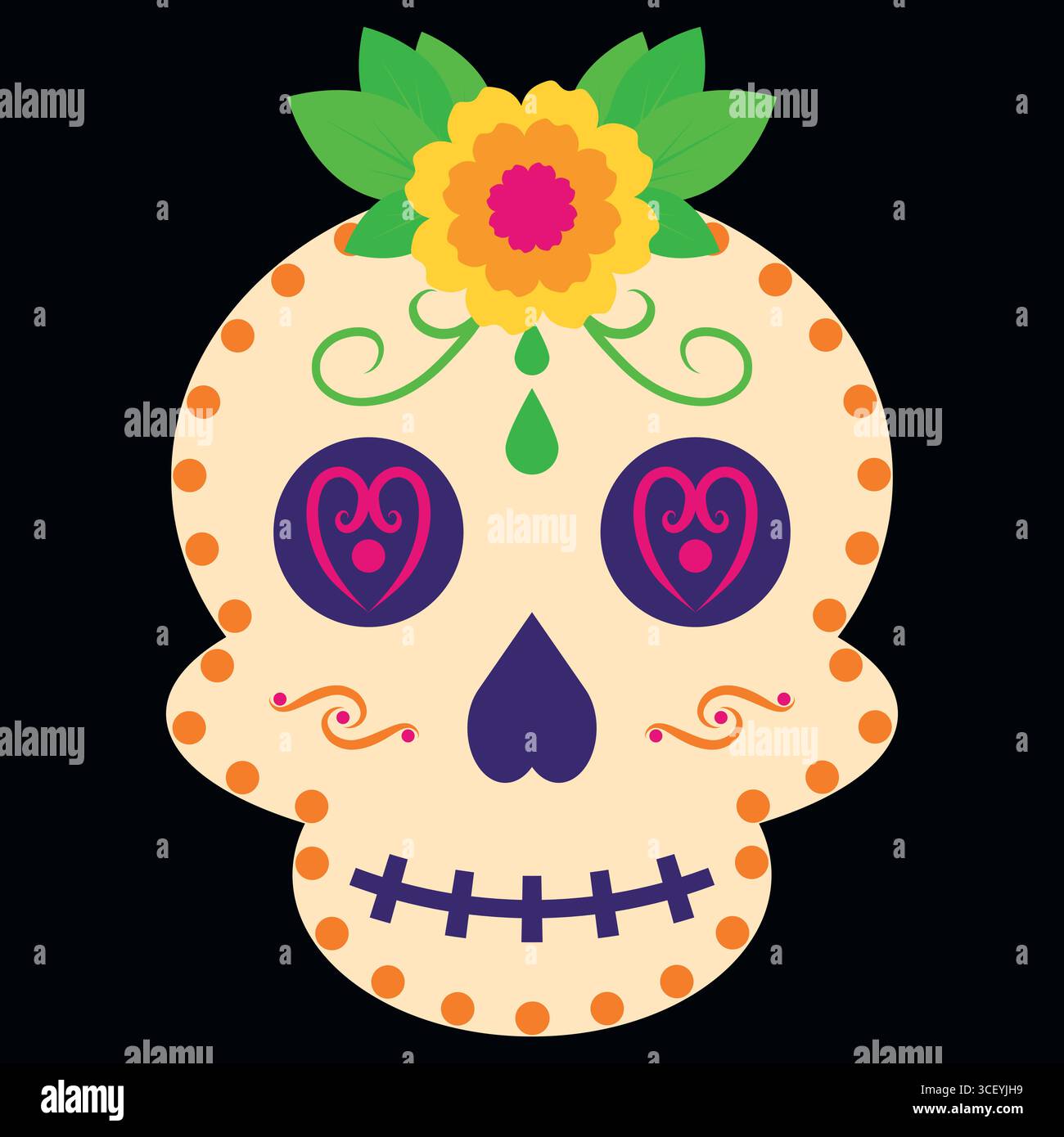Dia de Muertos Sugar Skull with Flowers Mexican Day of the Dead Illustration Illustrazione Vettoriale