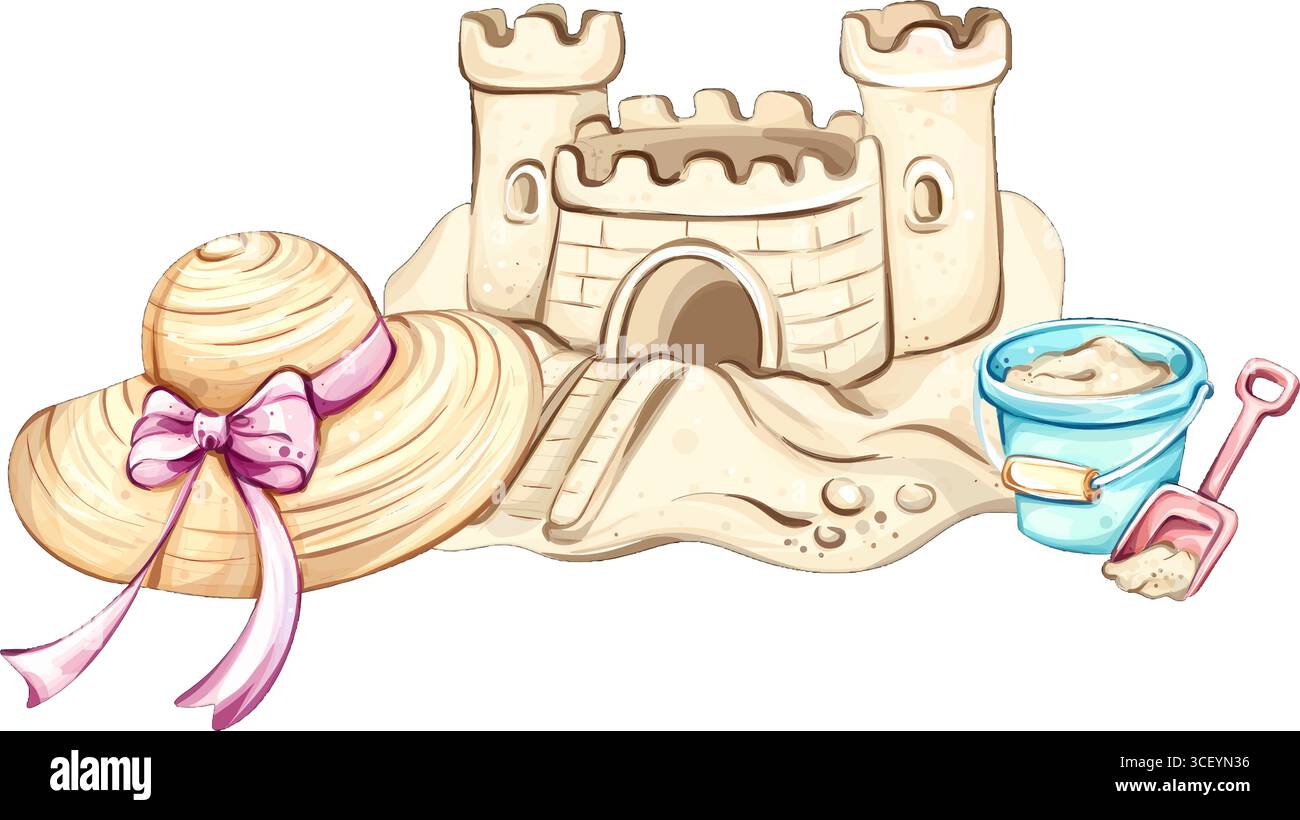 Crea ricordi estivi duraturi costruendo castelli di sabbia su una spiaggia soleggiata con cappelli di paglia e secchi colorati mentre ti godi il calore della sabbia dorata Illustrazione Vettoriale