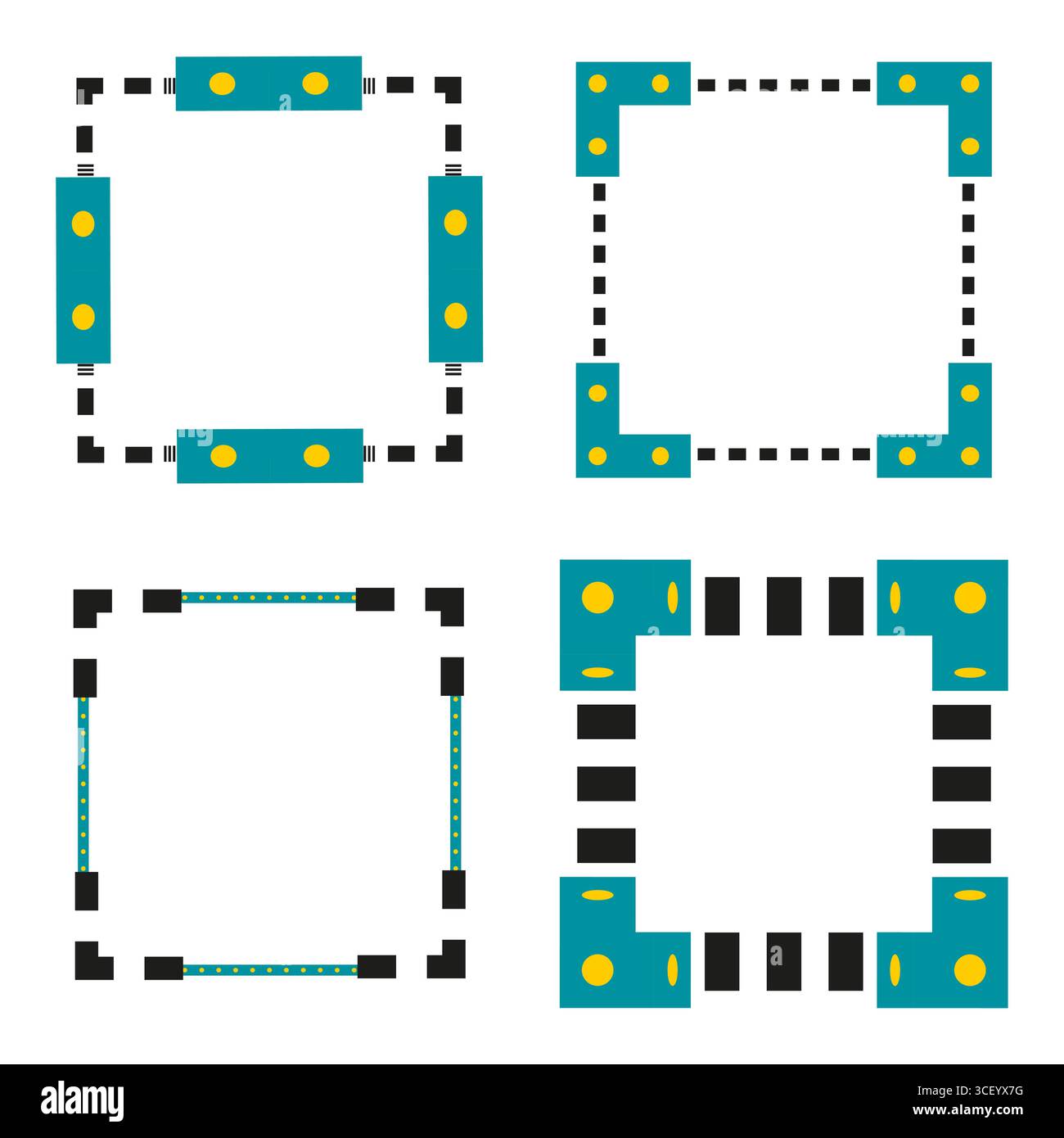 Telaio nero turchese. Vettore punti gialli. Bordo geometrico quadrato. Angoli astratti moderni. Illustrazione Vettoriale