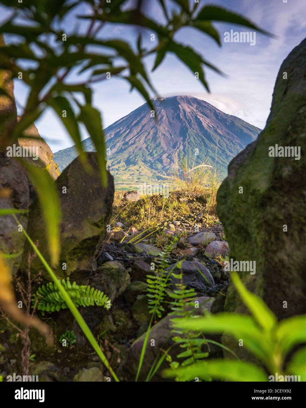 Il Monte Semeru è una destinazione maestosa e mozzafiato nell'est di Giava, caratterizzata da terreni accidentati e da una straordinaria bellezza naturale Foto Stock