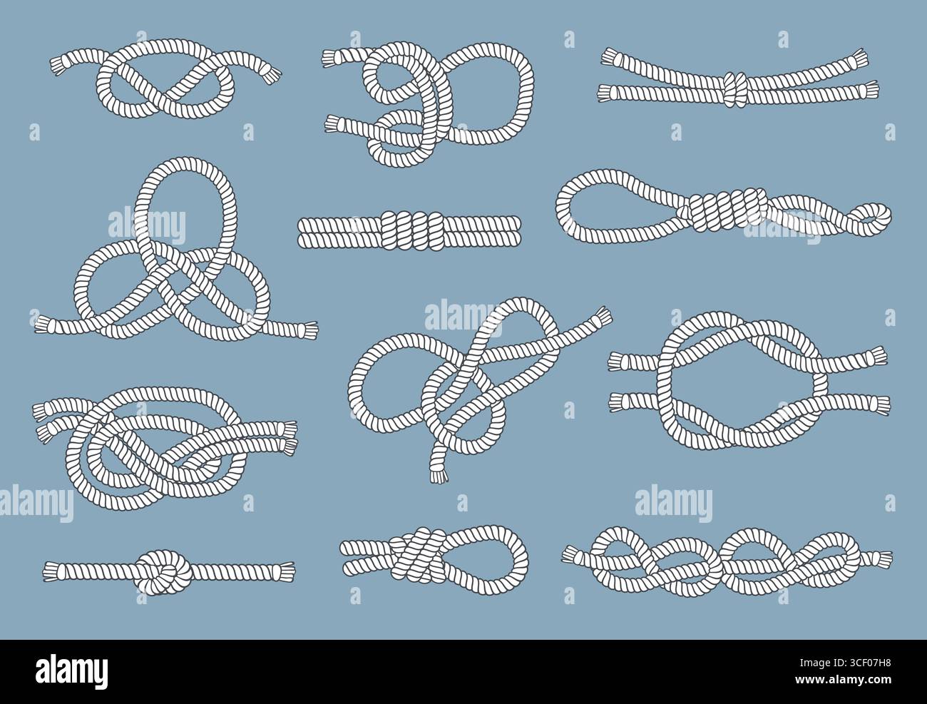 Nodi di corda e anelli. Nodi nautici, elementi di cordaggio della marina, design marino decorativo, diversi tipi di attacchi marini. Cavi decorativi e funzionali Illustrazione Vettoriale