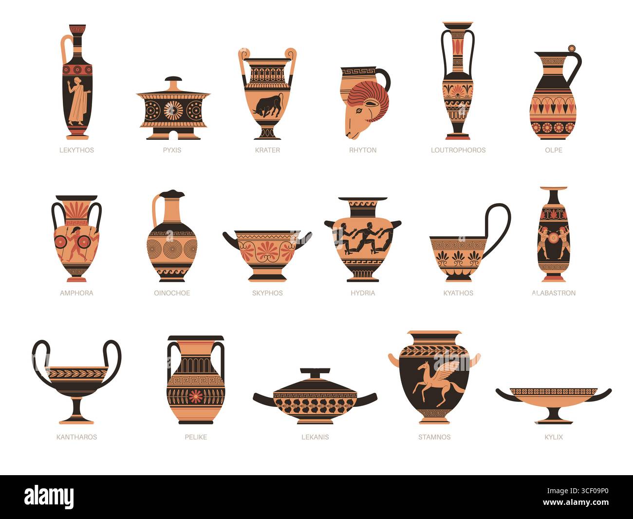 Ceramica greca storica. Ceramiche mediterranee tradizionali, ornamenti antichi, scene mitologiche, prodotti in argilla, vecchie anfore e vasi Illustrazione Vettoriale