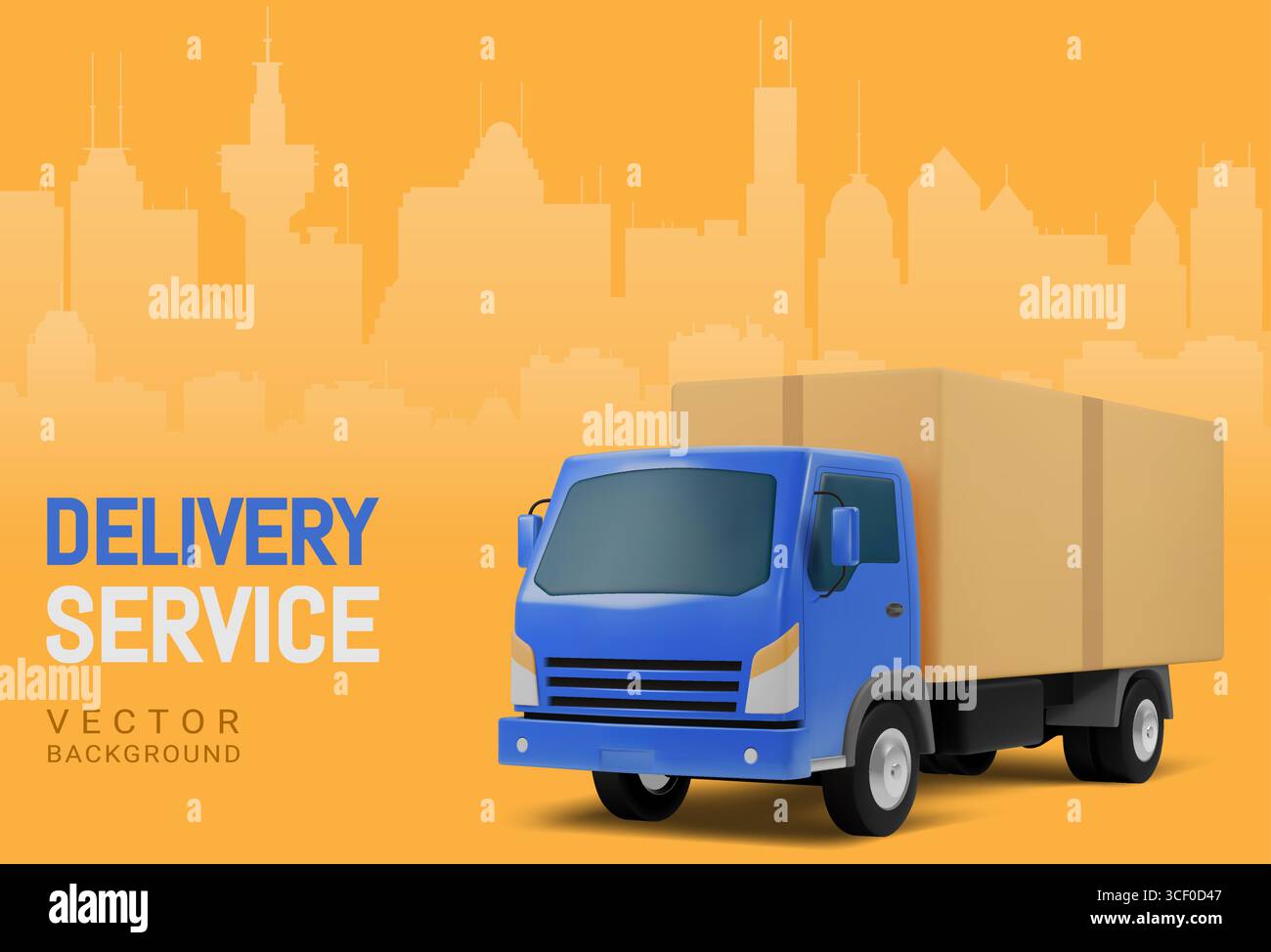 Camion blu con una scatola di cartone sulla piattaforma sullo sfondo di una silhouette urbana in una tavolozza gialla. Concetto pubblicitario Illustrazione Vettoriale
