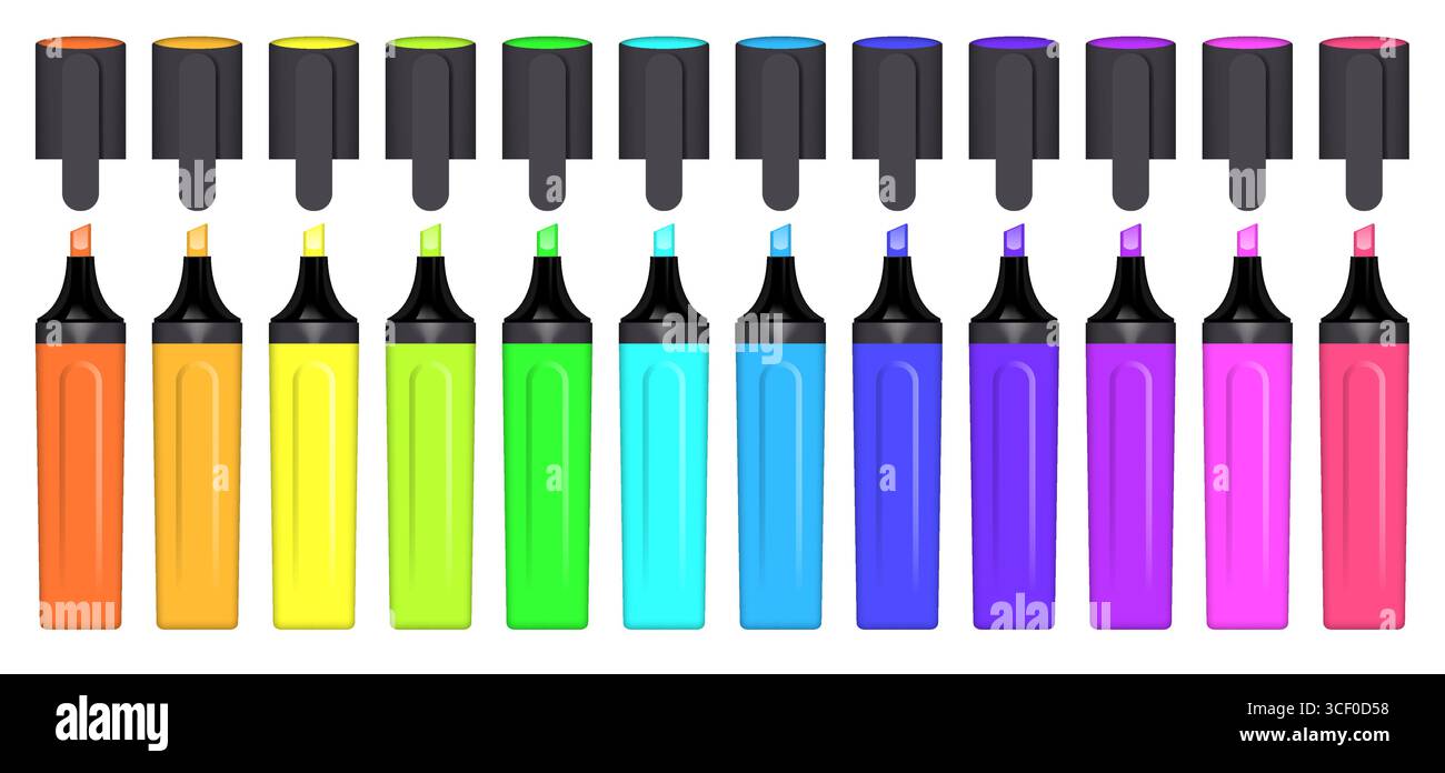 Set di pennarelli colorati, attrezzature per ufficio e scuola. Penna a feltro realistica illustrazione vettoriale isolata su uno sfondo bianco Illustrazione Vettoriale
