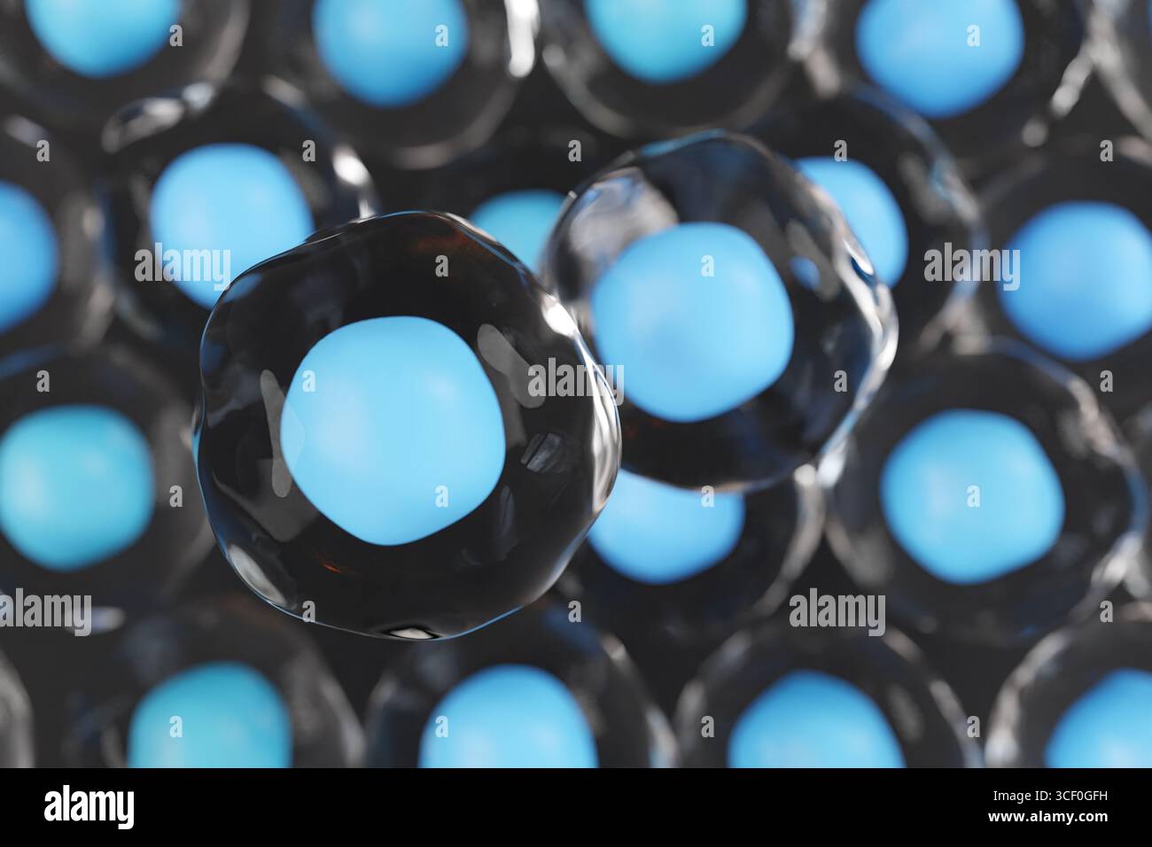 Nuclei blu brillanti racchiusi da fluido trasparente sferico per assomigliare alle cellule uovo. Concetto di fecondazione in vitro, screening embrionale, eugenetica e riproduzione selettiva Foto Stock