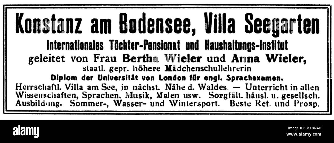 Pubblicità per il collegio ebraico-tedesco per ragazze Töchterpensionat Wieler a Costanza sul lago di Costanza, pubblicato sul giornale sionista Die Welt a Vienna, Austria-Ungheria, 1911-1912. Situato nel Granducato di Baden, Reich tedesco. Foto Stock