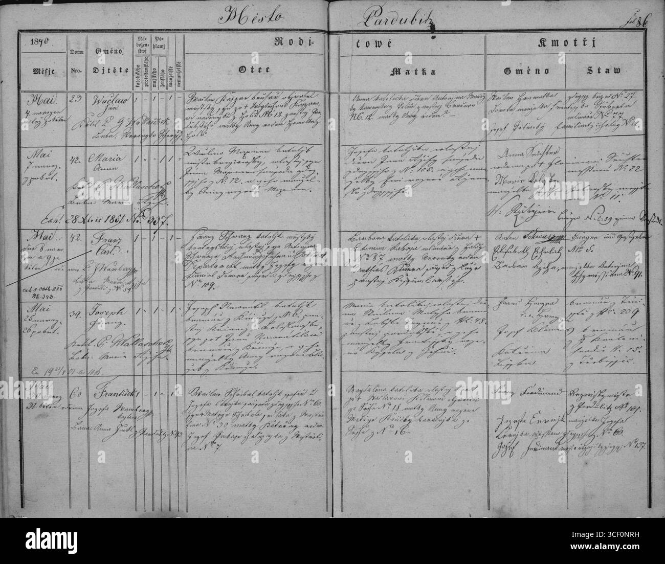 Un record del 1840 che mostra František Schwarz nel registro battesimale (Matrika N) di SOA Zámrsk, che copre il periodo 1837-1841, nella regione di Bílé Pedmstí, Pardubice. Foto Stock