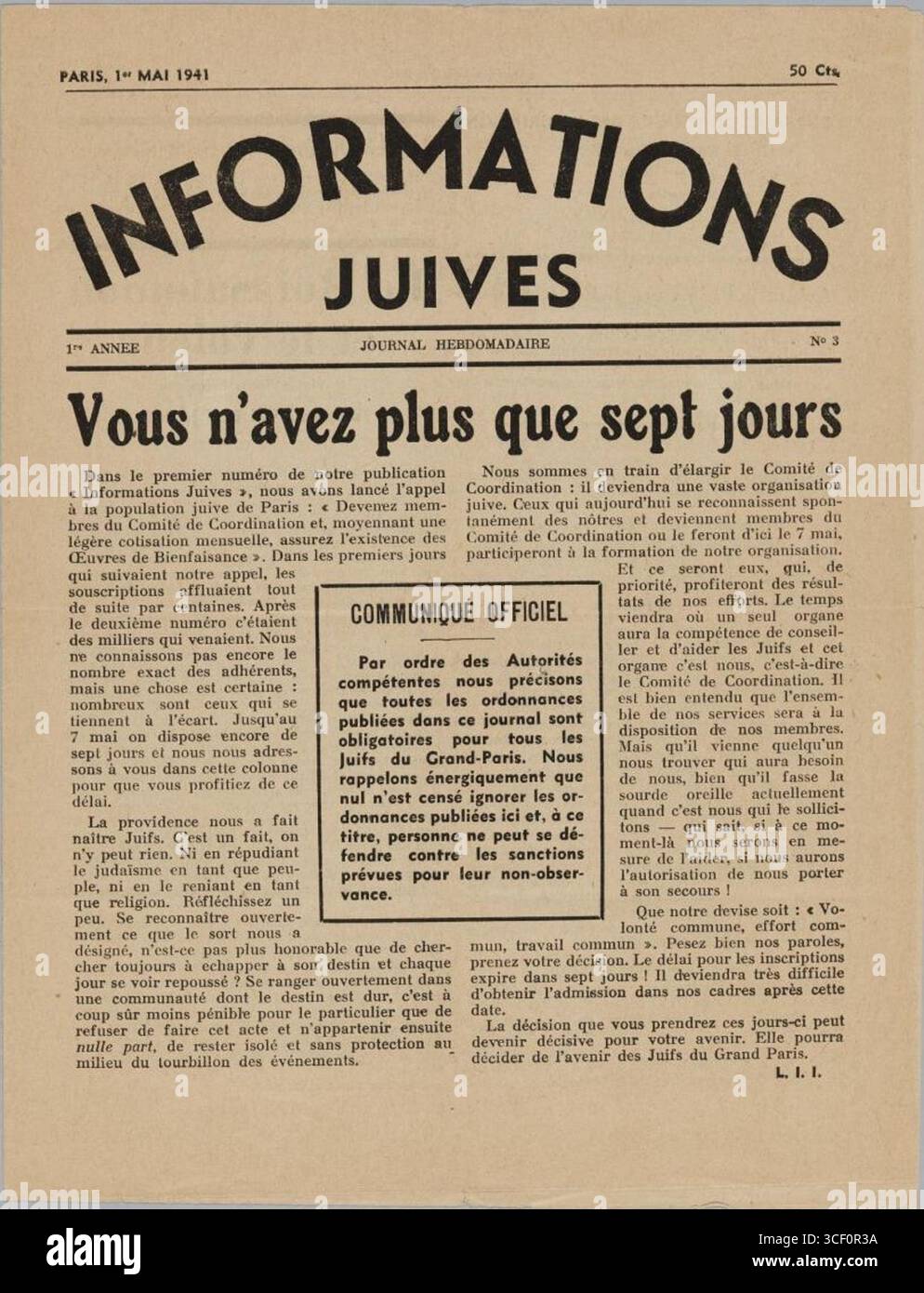 Una pubblicazione intitolata *Informations Juives* dal 1° maggio 1941. Fu una delle molte pubblicazioni di propaganda o informazione durante l'occupazione nazista della Francia, concentrandosi sugli affari ebraici e sulla persecuzione durante la seconda guerra mondiale Foto Stock