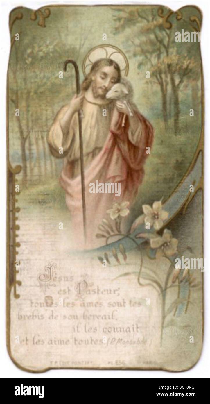 Un dipinto religioso intitolato il buon Pastore dei primi anni del XX secolo, raffigurante il buon Pastore. Foto Stock