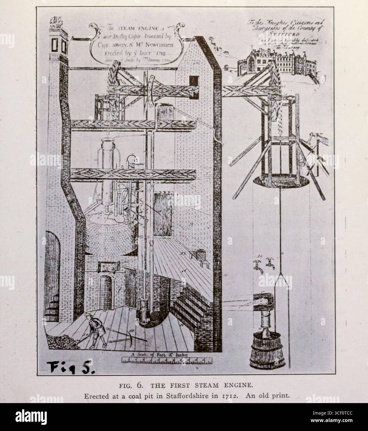 IL PRIMO MOTORE A VAPORE. Eretto in una fossa di carbone nello Staffordshire nel 1712. Un vecchio print.from l'articolo L'INDUSTRIA MINERARIA DEL CARBONE DEL REGNO UNITO. REVISIONE STORICA DELLO SVILUPPO DELLE MINIERE DI CARBONE BRITANNICHE.DI R. A. S. REDMAYNE. Dalla rivista Engineering dedicata al progresso industriale volume XXVI ottobre 1903 - marzo 1904 The Engineering Magazine Co Foto Stock