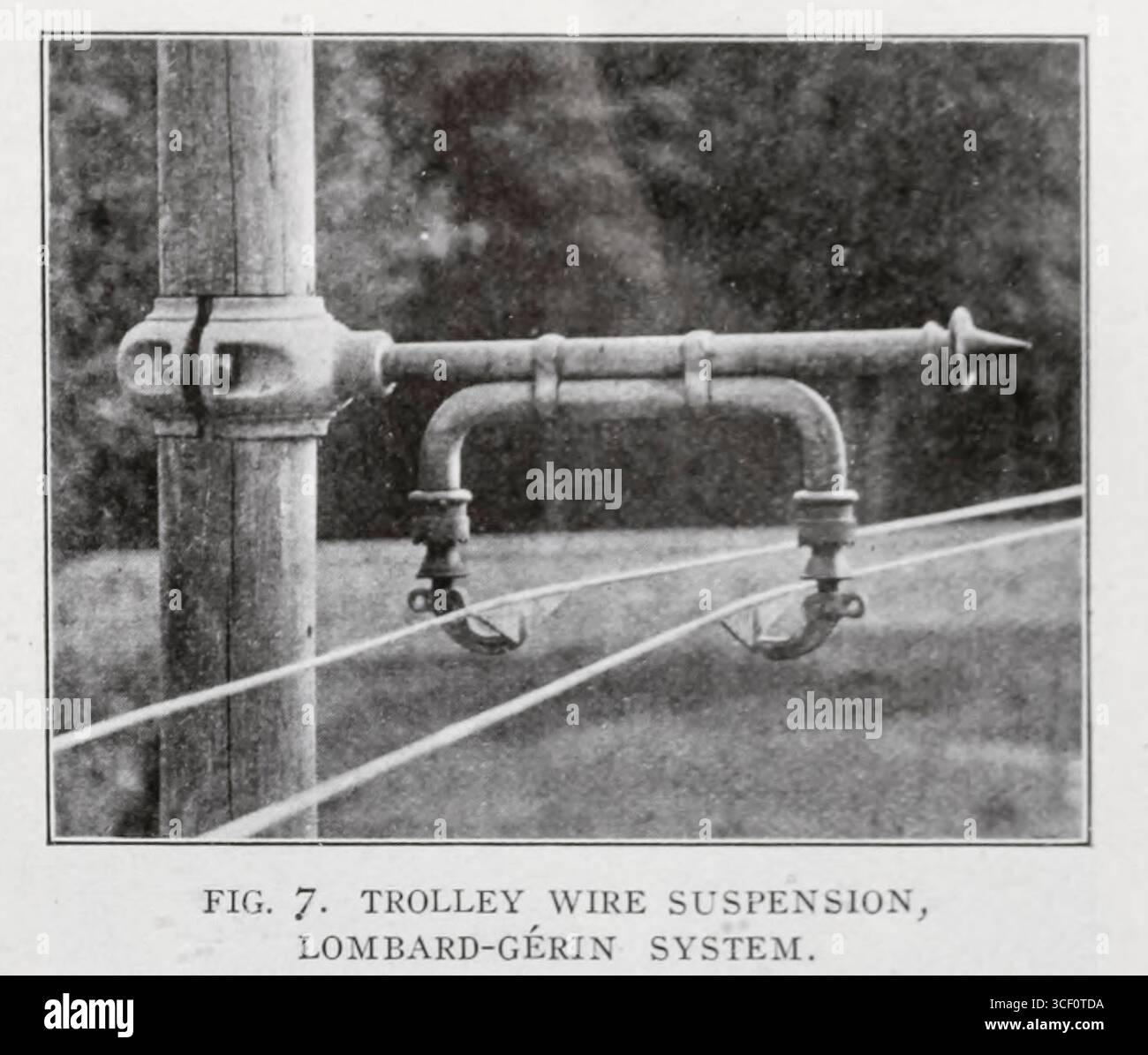 SOSPENSIONE A FILO PER CARRELLO, SISTEMA LOMBARD-GERIN. Dall'articolo VEICOLI A CARRELLO ELETTRICI SENZA ROTAIE. Di Emil Guarini. Dalla rivista Engineering dedicata al progresso industriale volume XXVI ottobre 1903 - marzo 1904 The Engineering Magazine Co Foto Stock