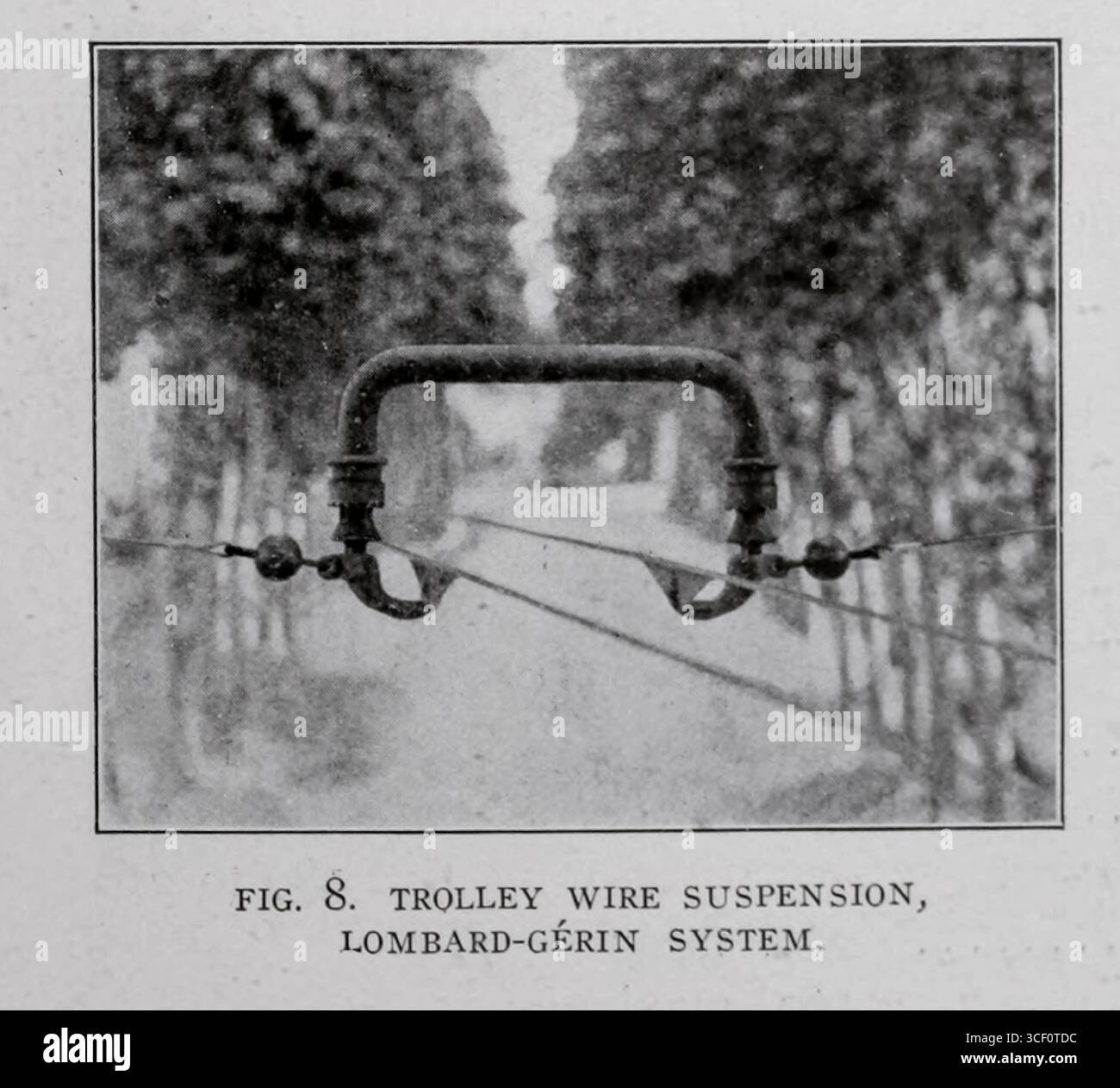 SOSPENSIONE A FILO PER CARRELLO, SISTEMA LOMBARD-GERIN. Dall'articolo VEICOLI A CARRELLO ELETTRICI SENZA ROTAIE. Di Emil Guarini. Dalla rivista Engineering dedicata al progresso industriale volume XXVI ottobre 1903 - marzo 1904 The Engineering Magazine Co Foto Stock
