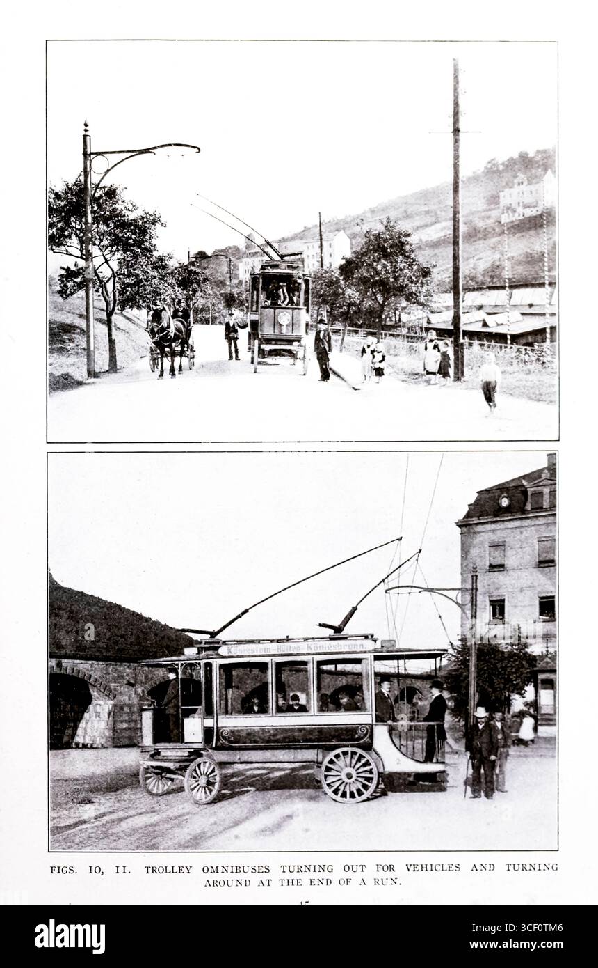 IL CARRELLO GIRA PER I VEICOLI E GIRA ALLA FINE DI UNA CORSA. Dall'articolo VEICOLI A CARRELLO ELETTRICI SENZA ROTAIE. Di Emil Guarini. Dalla rivista Engineering dedicata al progresso industriale volume XXVI ottobre 1903 - marzo 1904 The Engineering Magazine Co Foto Stock