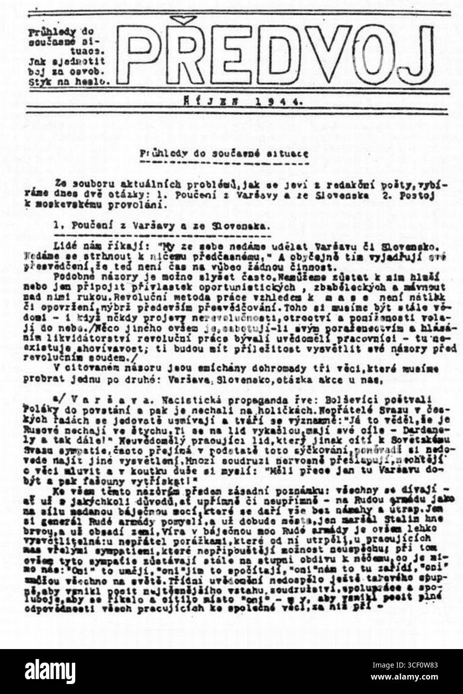 Questa è la prima pagina della rivista illegale della resistenza ceca "Pedvoj”, datata ottobre 1944. La rivista giocò un ruolo cruciale nella propaganda anti-tedesca durante l'occupazione nazista della Cecoslovacchia. Foto Stock