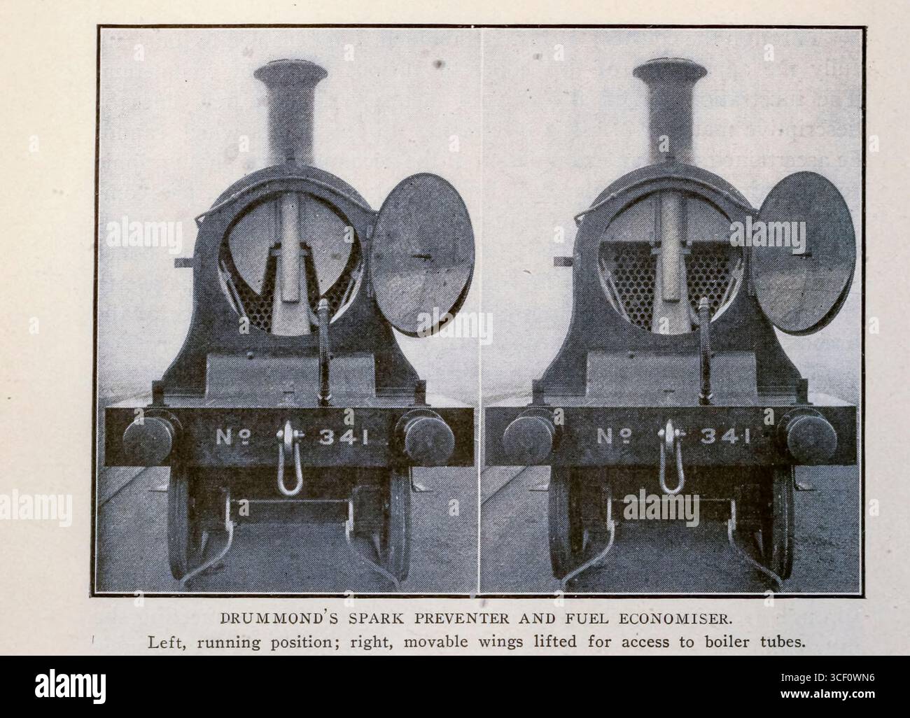 DISPOSITIVO ANTISCINTILLE E RISPARMIO CARBURANTE DI DRUMMOND. Sinistra, posizione di funzionamento; destra, alette mobili sollevate per accedere ai tubi della caldaia. DALL'ARTICOLO CARATTERISTICHE SPECIALI NELLA PROGETTAZIONE DI CALDAIE PER LOCOMOTIVE E FIREBOXES. Di Charles S. Lake. Dalla rivista Engineering dedicata al progresso industriale volume XXVI ottobre 1903 - marzo 1904 The Engineering Magazine Co Foto Stock
