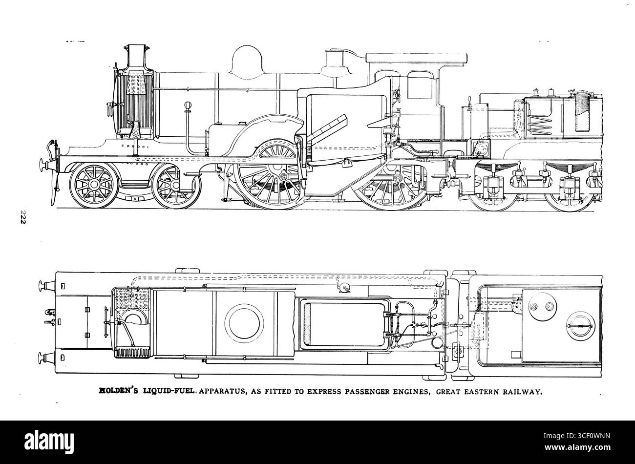 L'apparato a combustibile liquido di Holden montato per i motori passeggeri espressi, Great Eastern Railway dall'articolo CARATTERISTICHE SPECIALI NELLA PROGETTAZIONE DI CALDAIE per LOCOMOTIVE E FIREBOXES. Di Charles S. Lake. Dalla rivista Engineering dedicata al progresso industriale volume XXVI ottobre 1903 - marzo 1904 The Engineering Magazine Co Foto Stock
