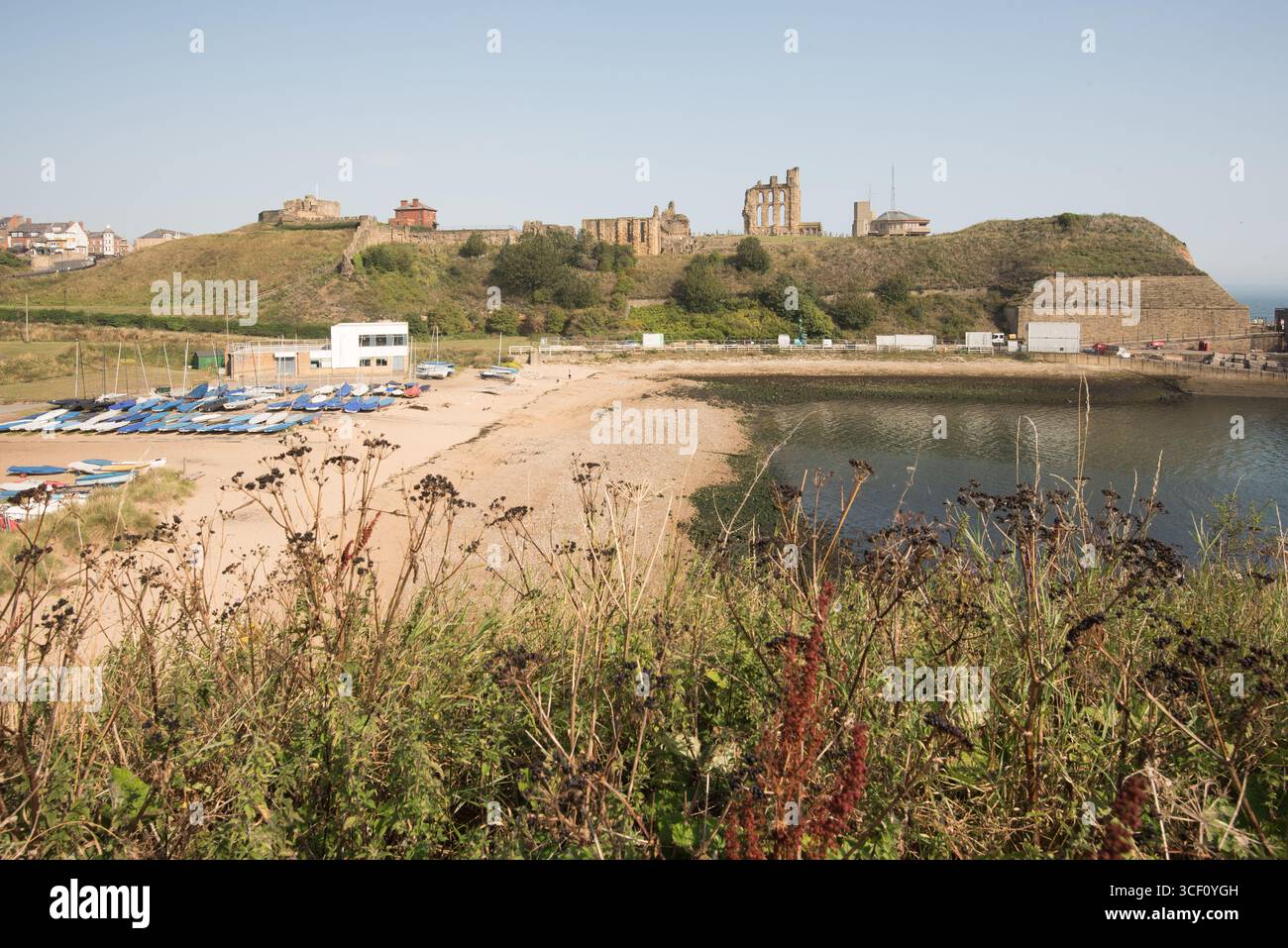 Le rovine del Priorato e del Castello di Tynemouth sulla costa nord-orientale dell'Inghilterra, gestito dall'English Heritage e una popolare attrazione turistica. Foto Stock