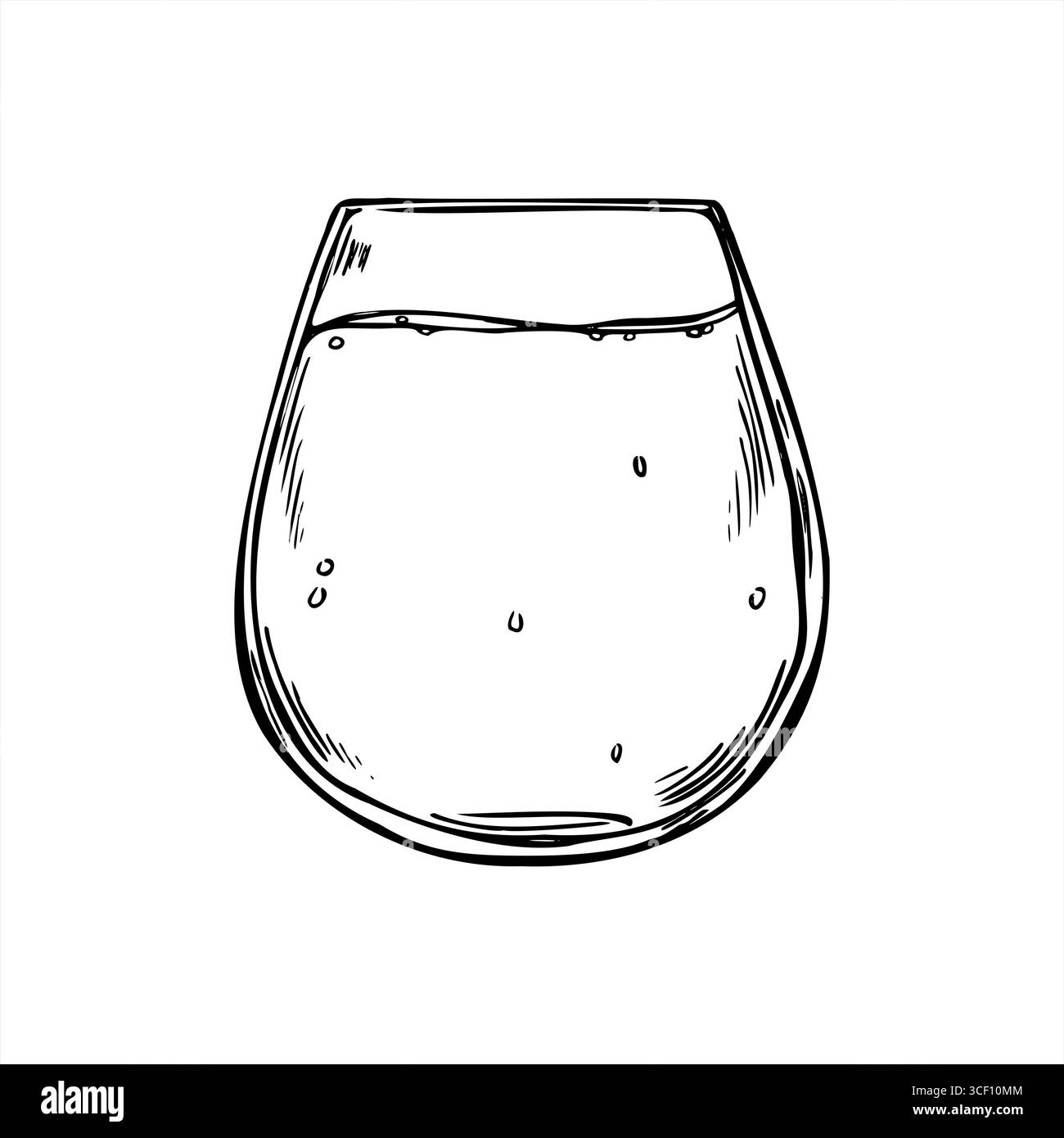 Bicchiere pieno con bevanda gassata rinfrescante illustrazione monocromatica isolata vettoriale in stile lineare. Acqua minerale con bolle d'incisione Illustrazione Vettoriale
