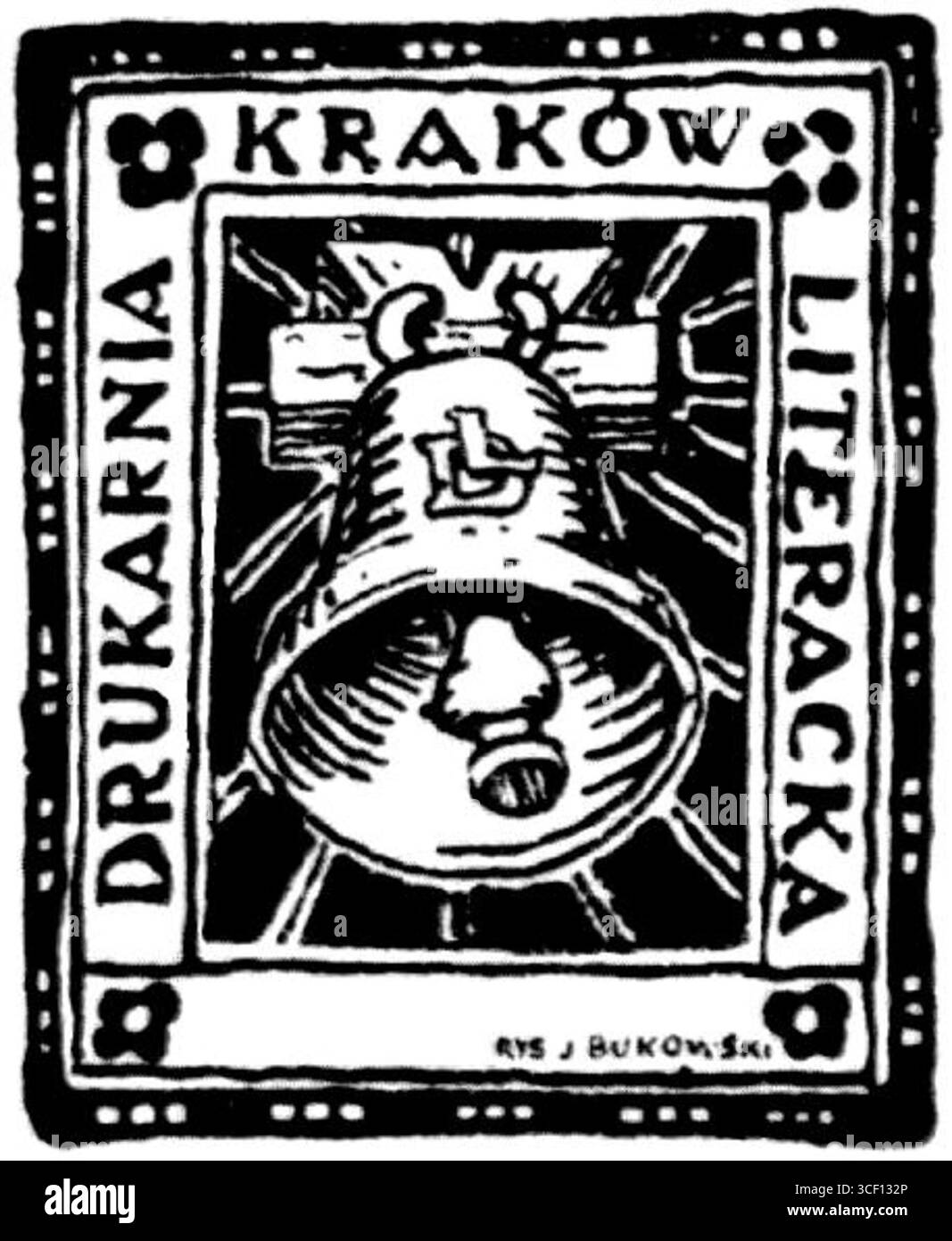 Il logo di Drukarnia Literacka, una tipografia di Kraków, disegnata nel 1908 da Jan Bukowski, un rinomato artista polacco. Il logo è un esempio chiave del design grafico dei primi anni del XX secolo in Polonia. Foto Stock