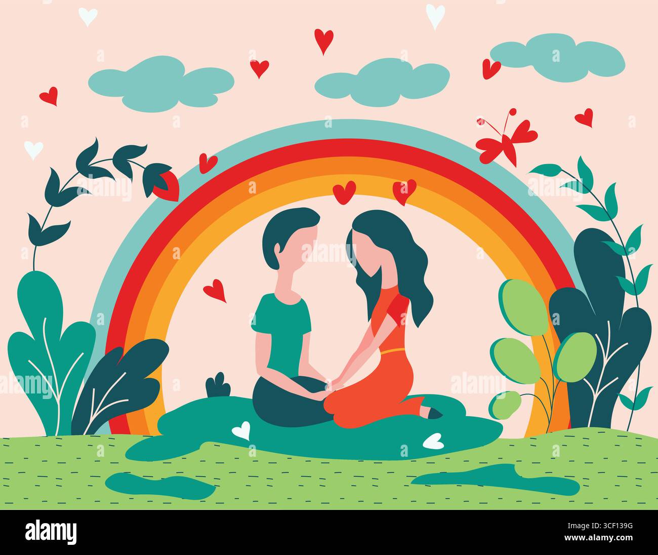 Un'illustrazione di una coppia seduta sull'erba, circondata da alberi e vegetazione in una giornata di sole. Illustrazione Vettoriale