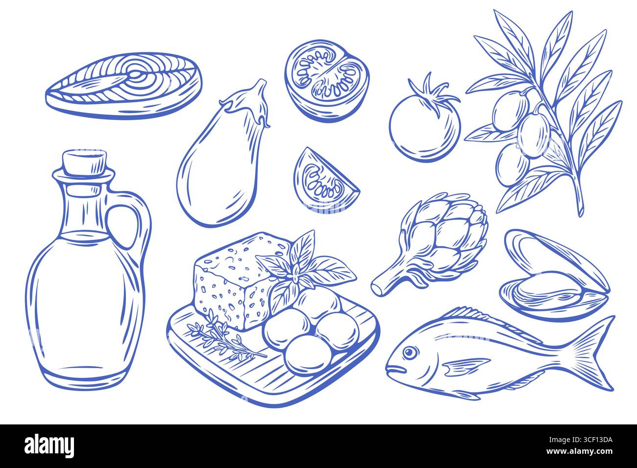 Set vettoriale di cibi mediterranei tra cui pesce, formaggio, olio d'oliva, verdure ed erbe aromatiche, disegnati con linee blu monocromatiche. Illustrazione Vettoriale Set vettoriale di cibi mediterranei tra cui pesce, formaggio, olio d'oliva, verdure ed erbe aromatiche, disegnati con linee blu monocromatiche. Illustrazione Vettoriale