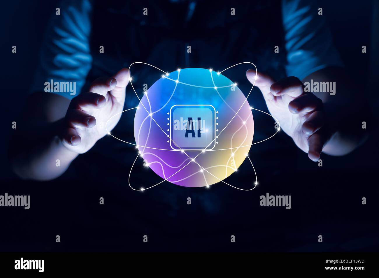 Concetto di intelligenza artificiale (ai) con una sfera digitale brillante e griglia futuristica di rete di dati, che rappresenta l'apprendimento automatico e l'elaborazione di big data Foto Stock
