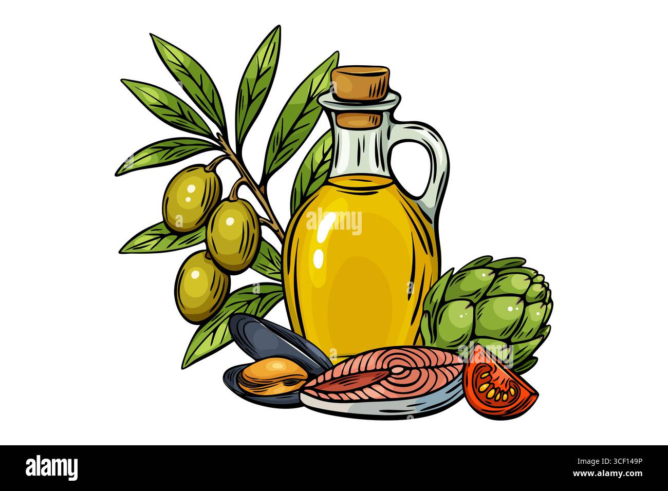 Set di piatti mediterranei disegnati a mano con frutti di mare, verdure, olio d'oliva, formaggio ed erbe aromatiche in stile vettoriale dettagliato. Illustrazione Vettoriale