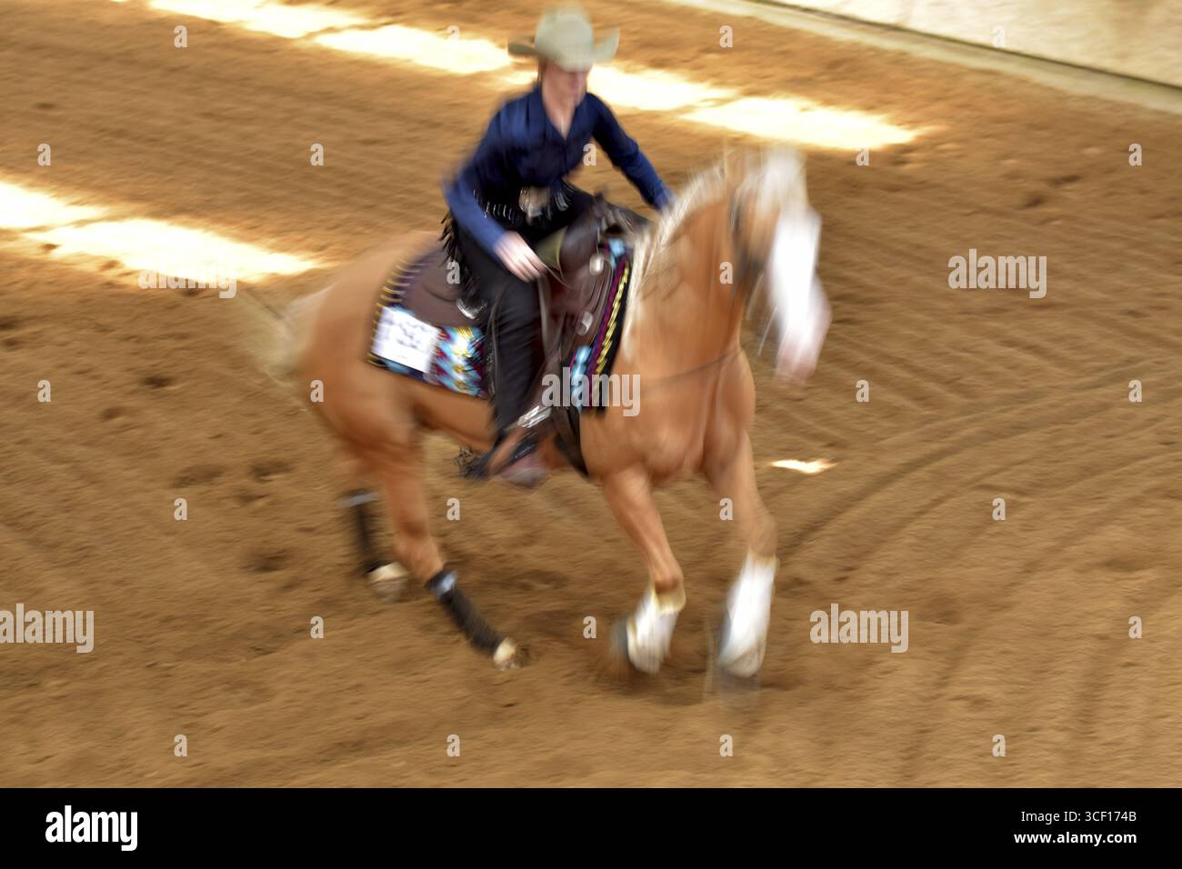 Lunga esposizione di una lezione (manovra) nella disciplina della reining (dressage occidentale) in uno spettacolo occidentale, Renania-Palatinato, Germania Foto Stock