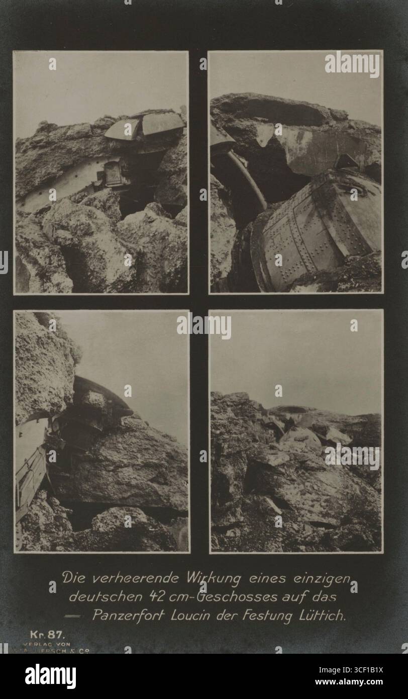 Durante la prima guerra mondiale, un cannone tedesco da 42 mm causò danni significativi al forte di Loucin a Liegi, in Belgio. Questa immagine, una cartolina di propaganda, cattura il potere distruttivo dell'artiglieria usata durante il conflitto. La data della fotografia è indeterminata, ma è compresa tra il 1914 e il 1918. Foto Stock