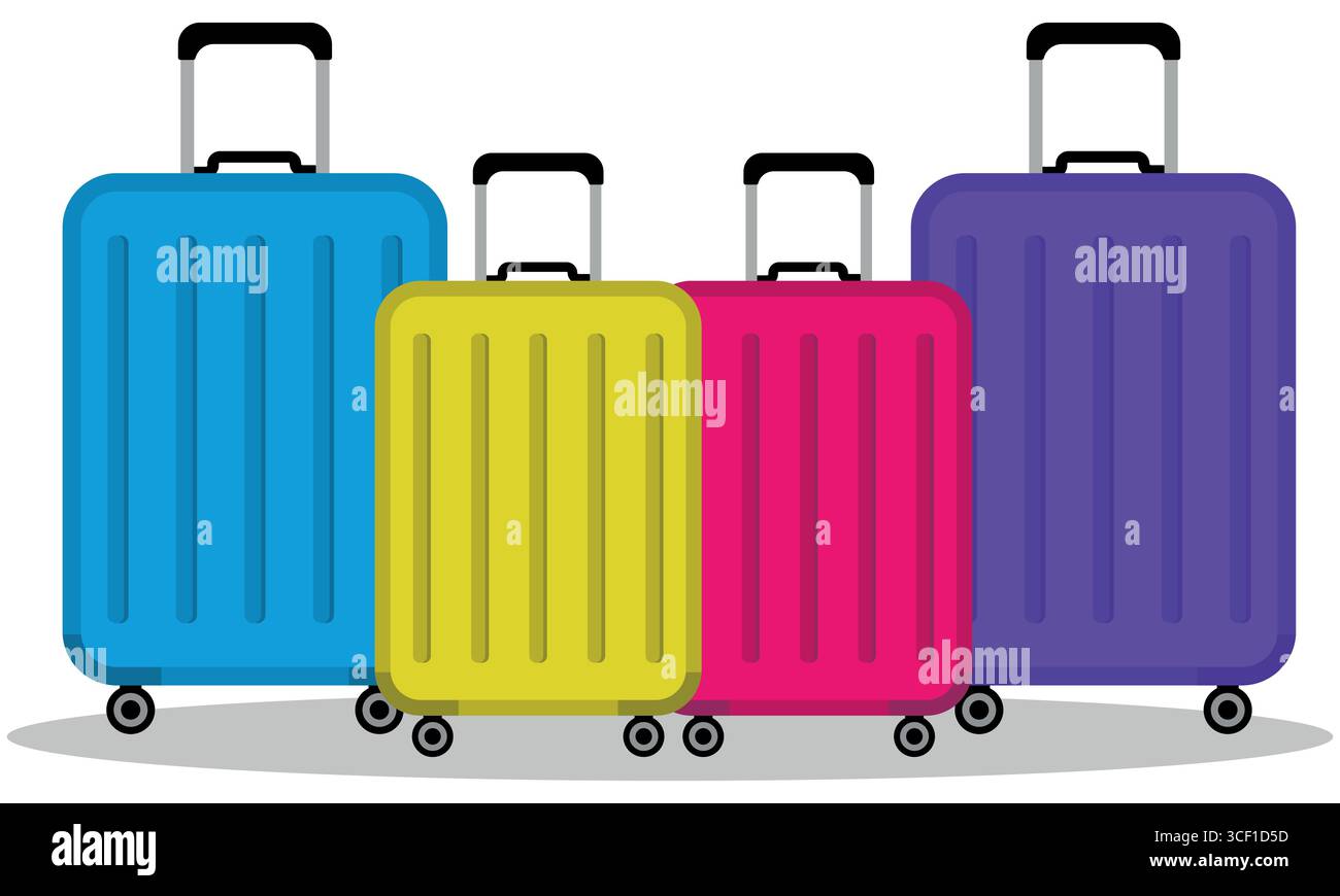 Colorate custodie da viaggio o valigie, elemento grafico per vacanze o vacanze, vettore piatto di valigie isolato su sfondo bianco Illustrazione Vettoriale