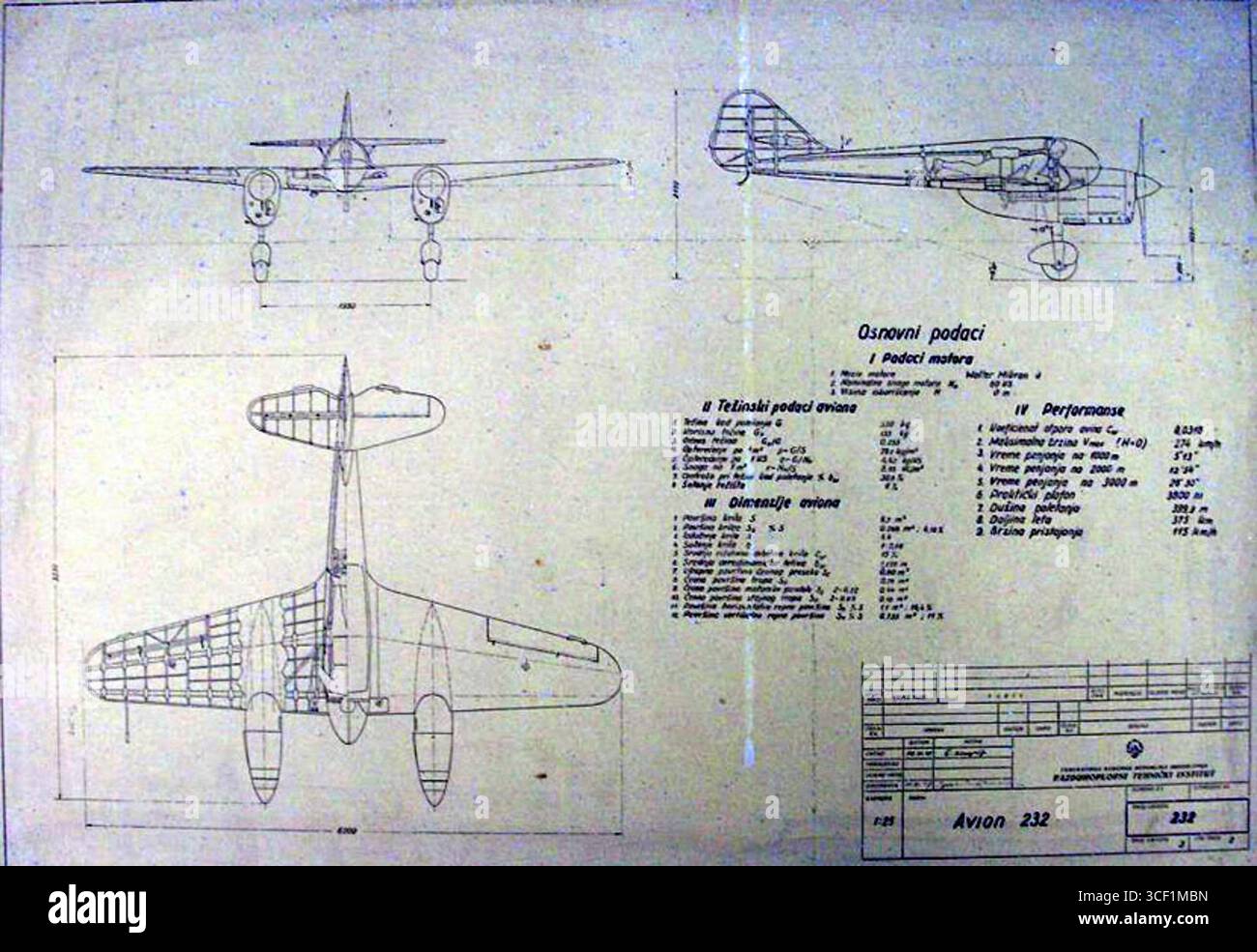 Lo schizzo datato 10 giugno 1947 mostra il prototipo dell'Ikarus 232 Pionir, un piccolo monoplano sperimentale jugoslavo con un progetto prone-pilota. Foto Stock
