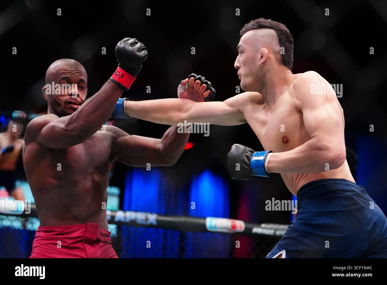 Las Vegas, Nevada, Stati Uniti. 19 agosto 2025. LAS VEGAS, NV - 19 agosto: Brandon Holmes e Cam Rowston si incontrano nell'ottagono per un incontro di 3 round a UFC Apex per UFC - DWCS - Dana White Contender Series EP. 2 il 19 agosto 2025 a Las Vegas, Nevada, Stati Uniti. (Foto di Louis Grasse/PxImages) credito: PX Images/Alamy Live News Foto Stock