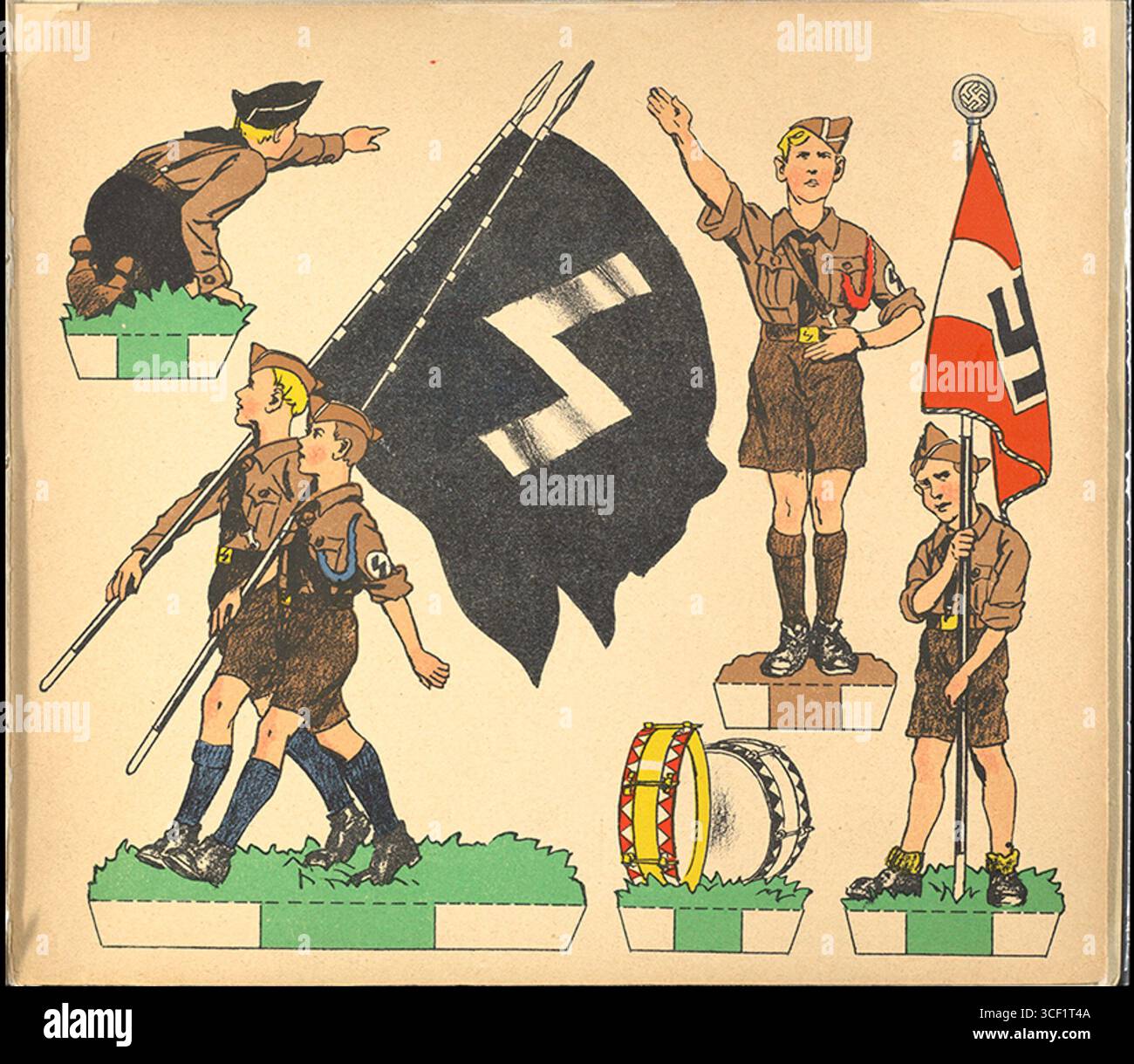 Questa pagina del libretto di propaganda nazista degli anni '1930 "Deutsche Jugend Ein mal und Aufstellbuch" raffigura figure di carta ritagliate dei membri della Gioventù hitleriana e della Jungvolk, ognuna decorata con simboli e uniformi naziste. L'opuscolo mirava ad indottrinare i bambini nelle ideologie del terzo Reich. Foto Stock
