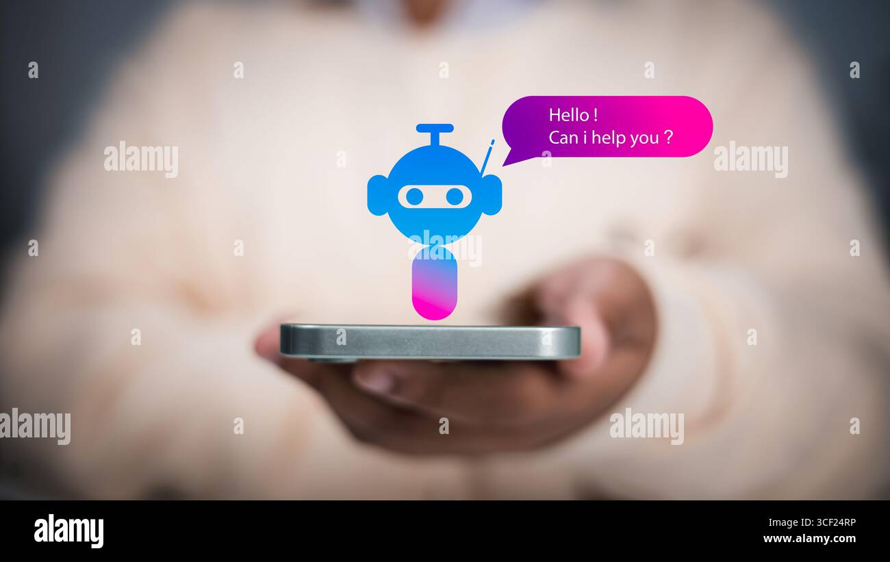 Intelligenza artificiale e comunicazione digitale, adatta per contenuti su assistenti ai e applicazioni intelligenti. Persona che possiede uno smartphone con Foto Stock