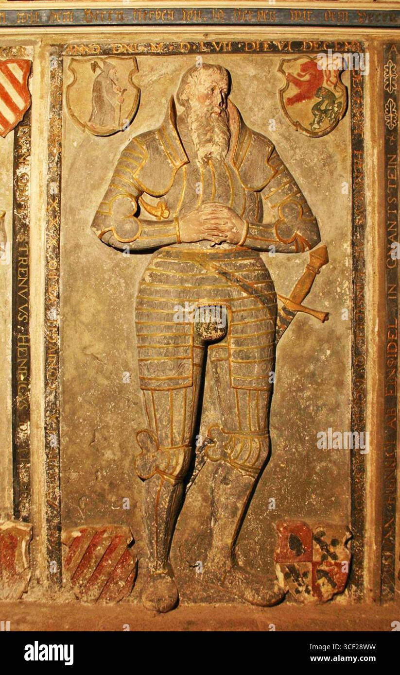 L'epitaffio di Heinrich Hildebrand von Einsiedel (1497-1557), un fondatore, si trova nella chiesa del villaggio di Gnandstein. Questo monumento risale al XVI secolo e riflette la storia della regione. Foto Stock