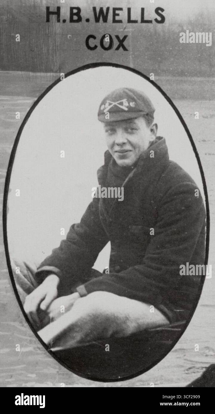 Henry Wells, Coxswain per la corsa in barca Oxford-Cambridge del 1913, è presente in questa fotografia storica. L'immagine include ritratti di altri rematori chiave come Clive Baillieu, Arthur Wiggins e Leslie Wormald. Foto Stock