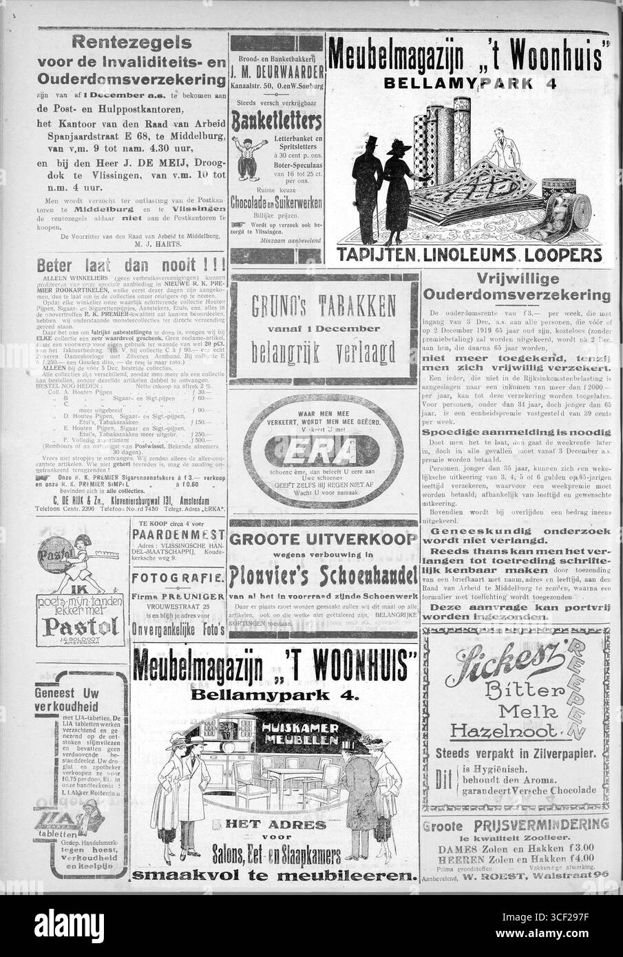 Questo annuncio del 1919 del Vlissingse Courant mostra il negozio di mobili 't Woonhuis al Bellamypark 4 di Vlissingen. L'annuncio evidenzia le offerte e la posizione del punto vendita durante tale periodo di tempo. Foto Stock