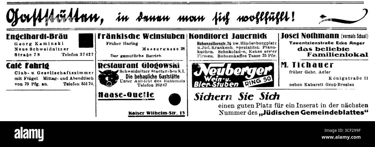 Questo annuncio della Breslauer Jüdisches Gemeindeblatt, datato 30 aprile 1936, promuove la taverna Haase-quelle a Kaiser Wilhelm-Str. 15.00, a Breslavia, che offre un'esperienza culinaria confortevole. Foto Stock
