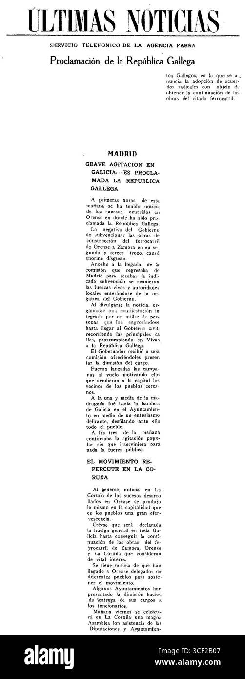 Un articolo del "Diario de Gerona" del 26 giugno 1931, che riporta la proclamazione della Repubblica galiziana durante un periodo di disordini regionali in Spagna. Foto Stock