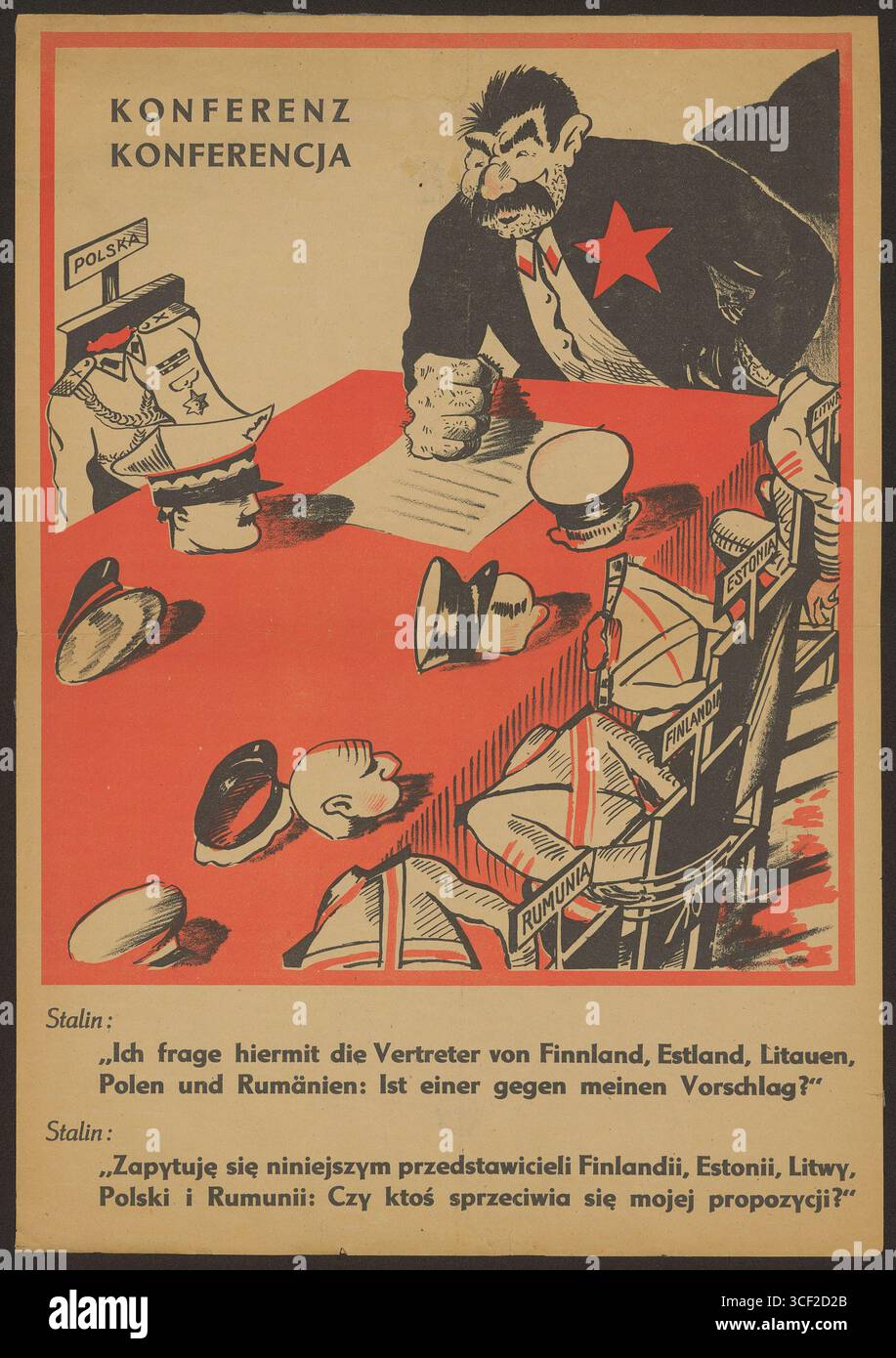 Questa caricatura bilingue degli anni '1940 di Joseph Stalin presenta una dichiarazione politica umoristica sia in tedesco che in polacco, che riflette le tensioni geopolitiche del periodo. Foto Stock