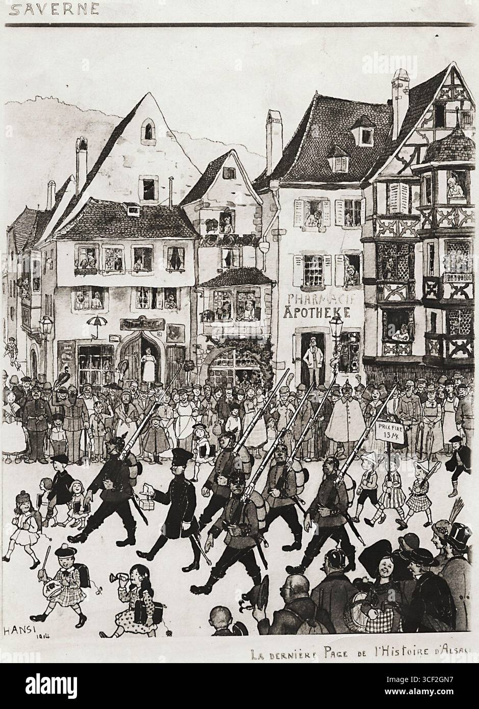 Vignette politiche di "Hansi" (valzer) raffiguranti tradimento, che contribuirono alle accuse di alto tradimento nel 1914 in Alsazia, Francia. Foto Stock